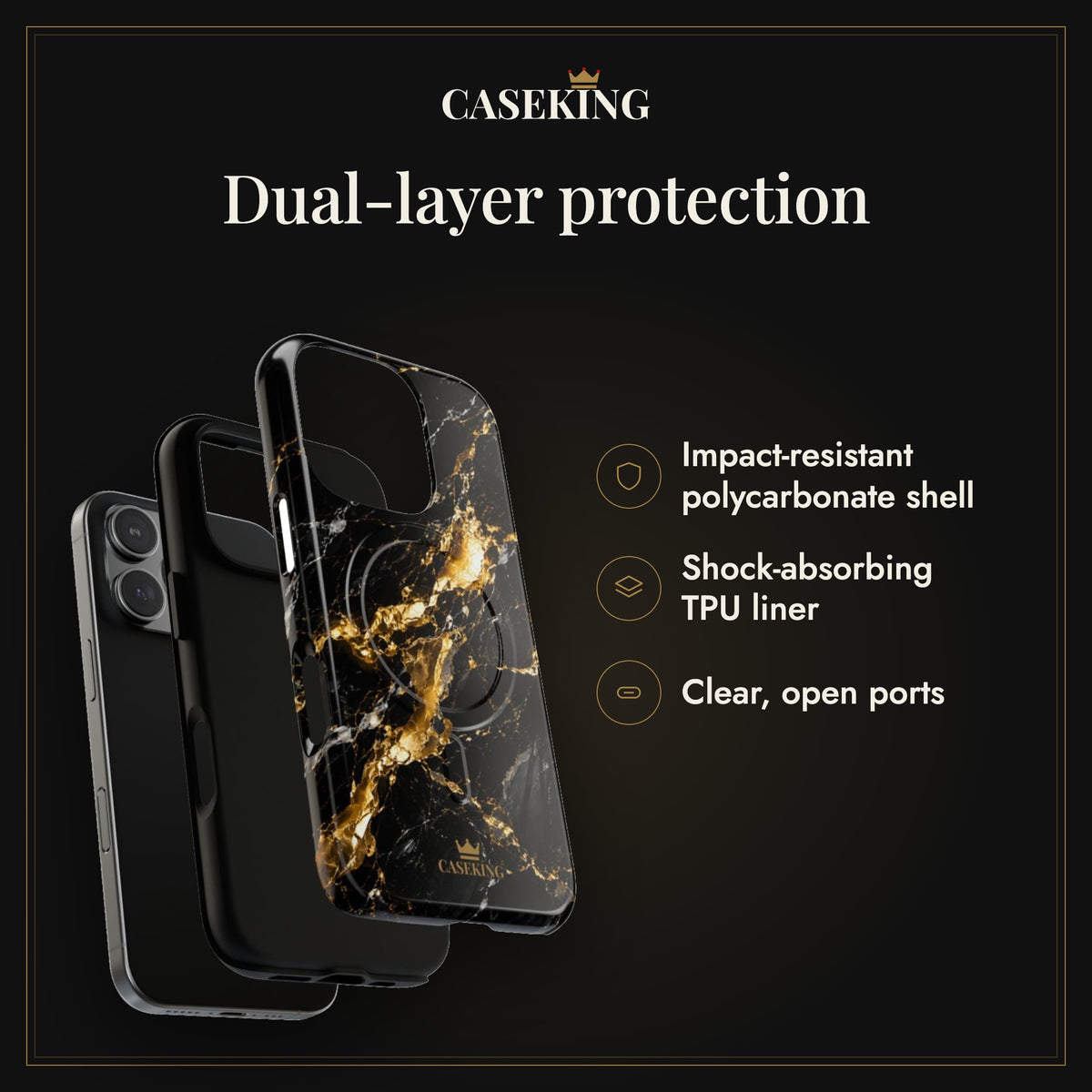 Midnight Black MagSafe-compatible tough case infographic 3: Dual-layer protection