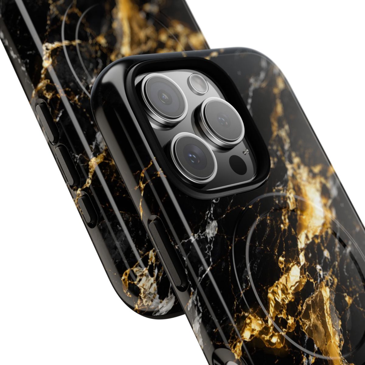 Midnight Black MagSafe-compatible tough case on iPhone 16 Pro, glossy finish (close-up)