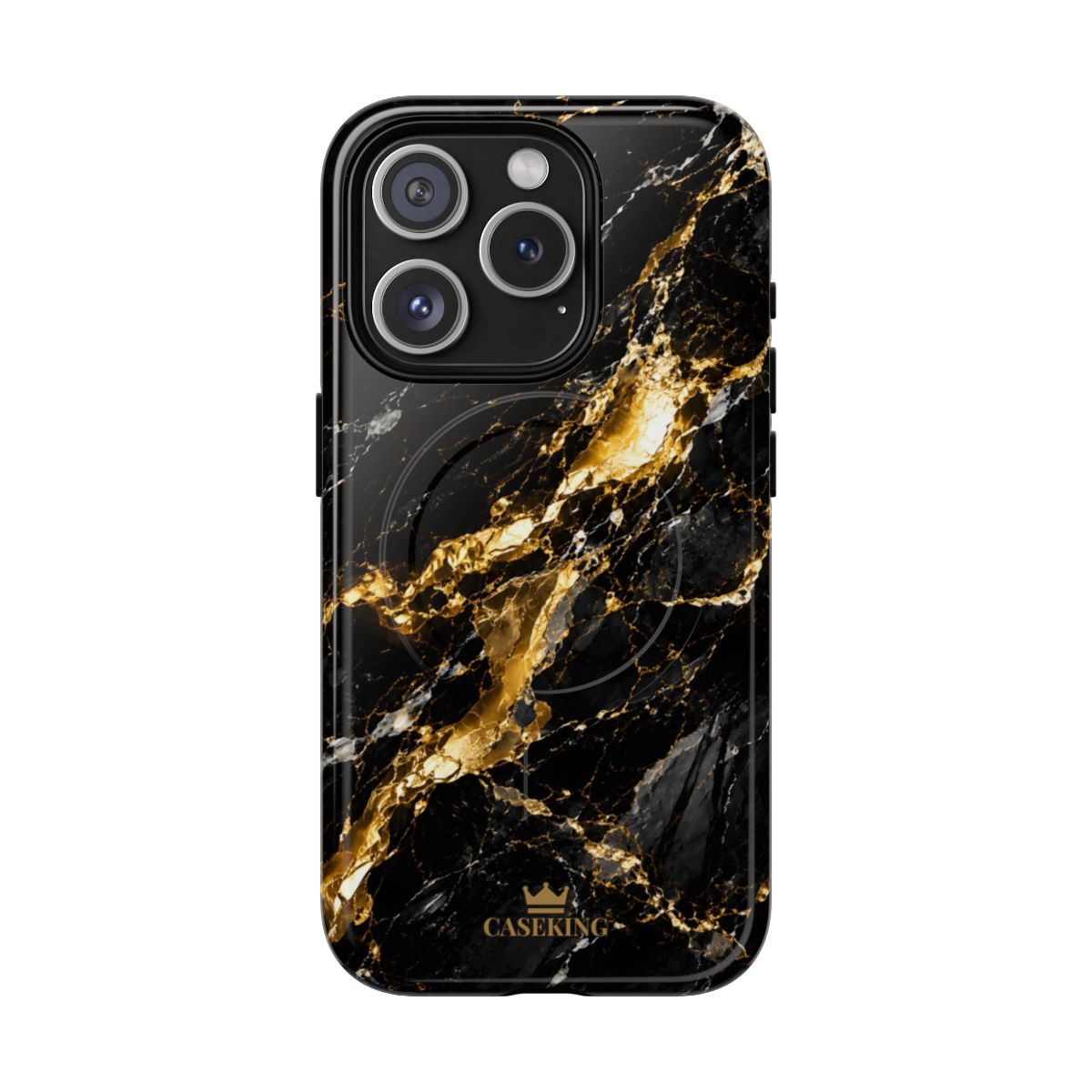 Midnight Black MagSafe-compatible tough case on iPhone 15 Pro, glossy finish