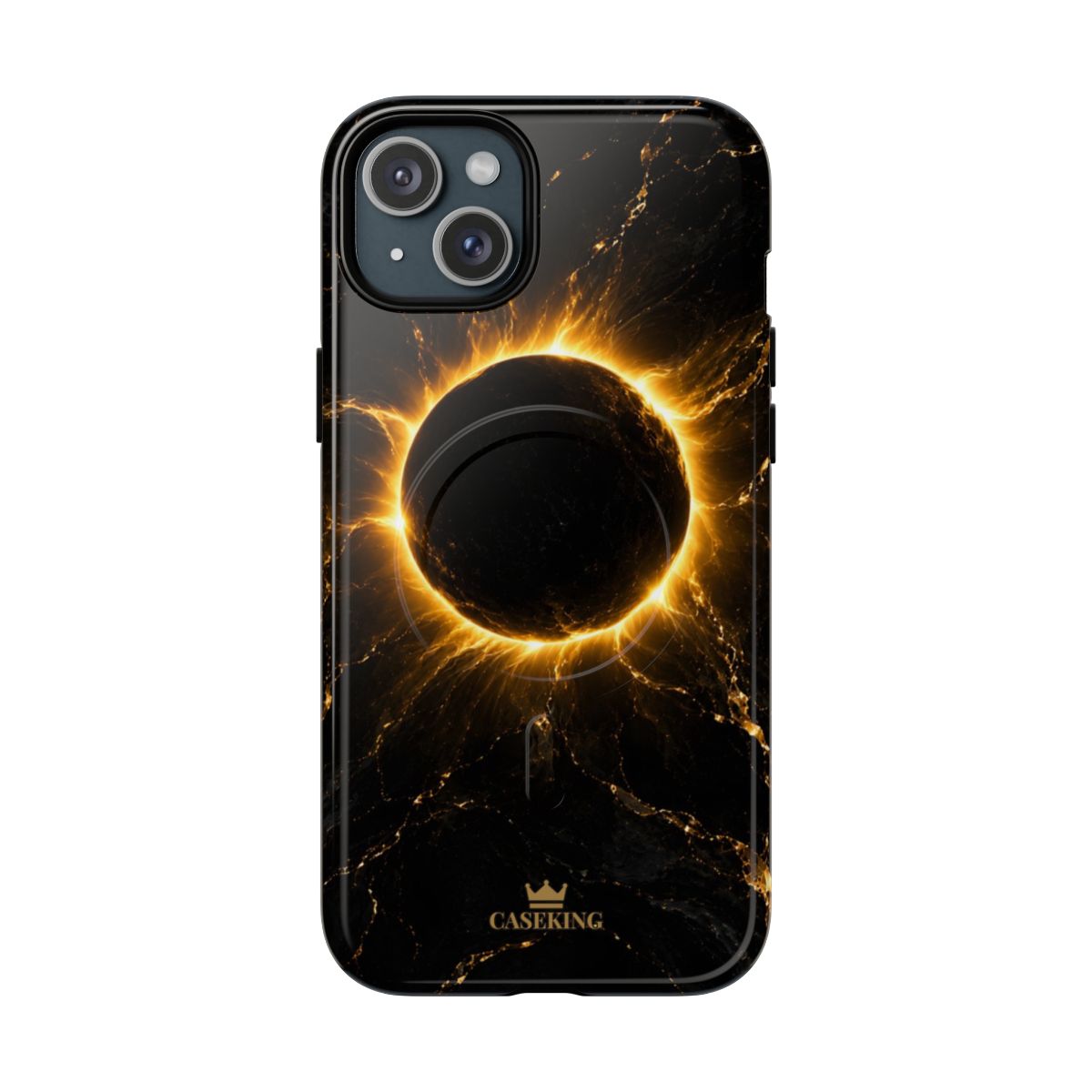 Midnight Eclipse MagSafe-compatible tough case on iPhone 15 Plus, glossy finish