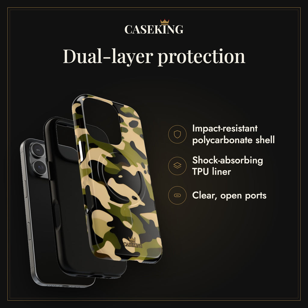 Military Camo MagSafe-compatible tough case infographic 3: Dual-layer protection