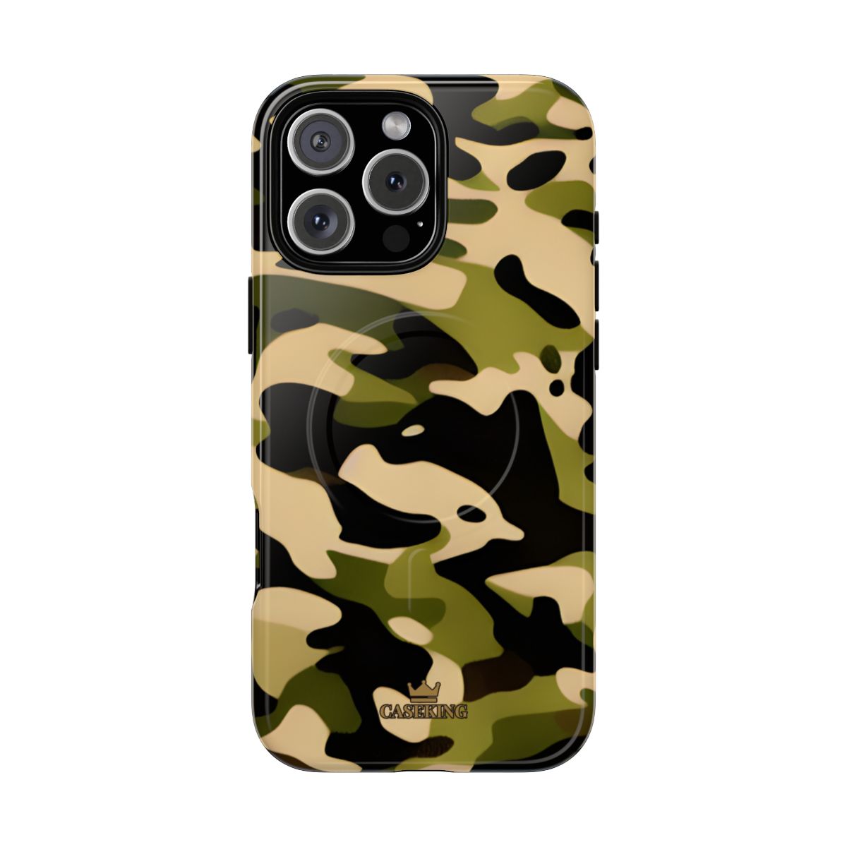 Military Camo MagSafe-compatible tough case on iPhone 16 Pro Max, glossy finish