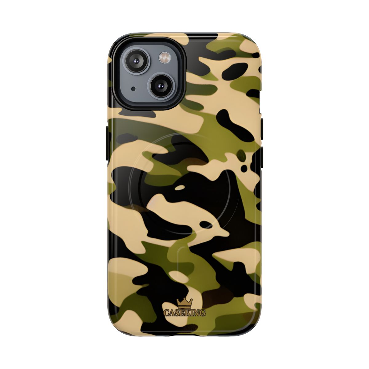 Military Camo MagSafe-compatible tough case on iPhone 14, glossy finish
