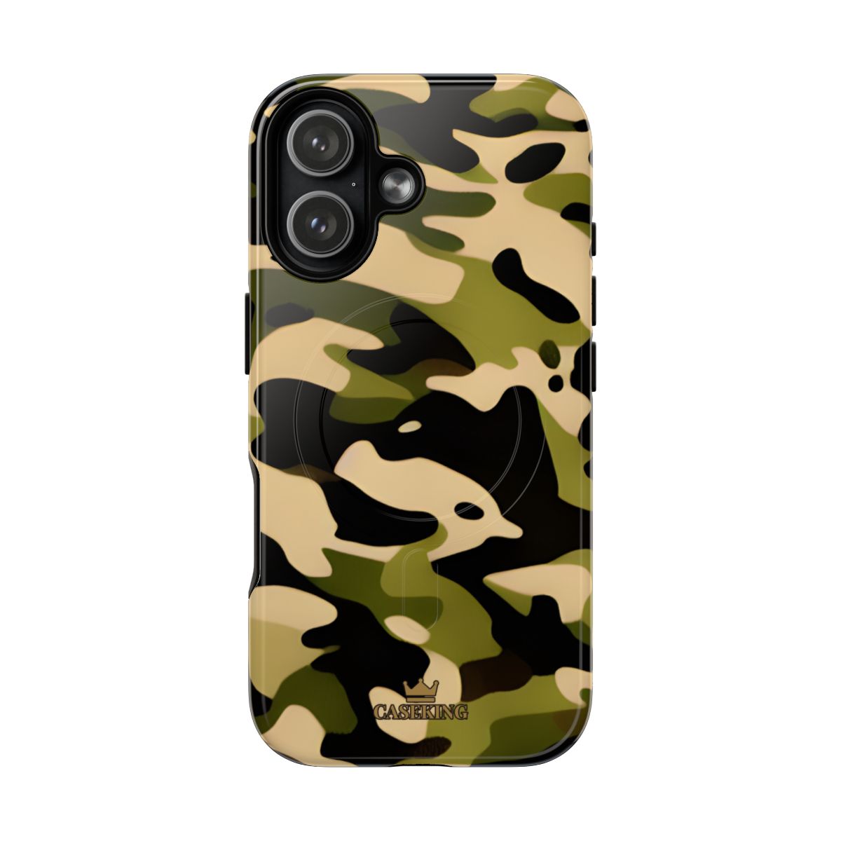 Military Camo MagSafe-compatible tough case on iPhone 17, glossy finish