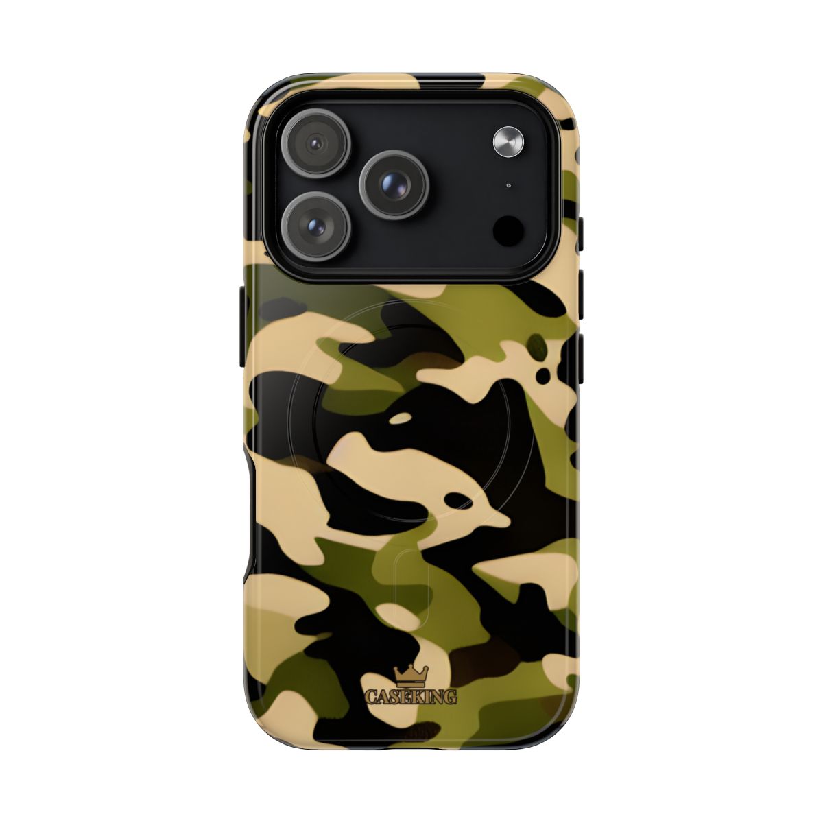 Military Camo MagSafe-compatible tough case on iPhone 17 Pro, glossy finish
