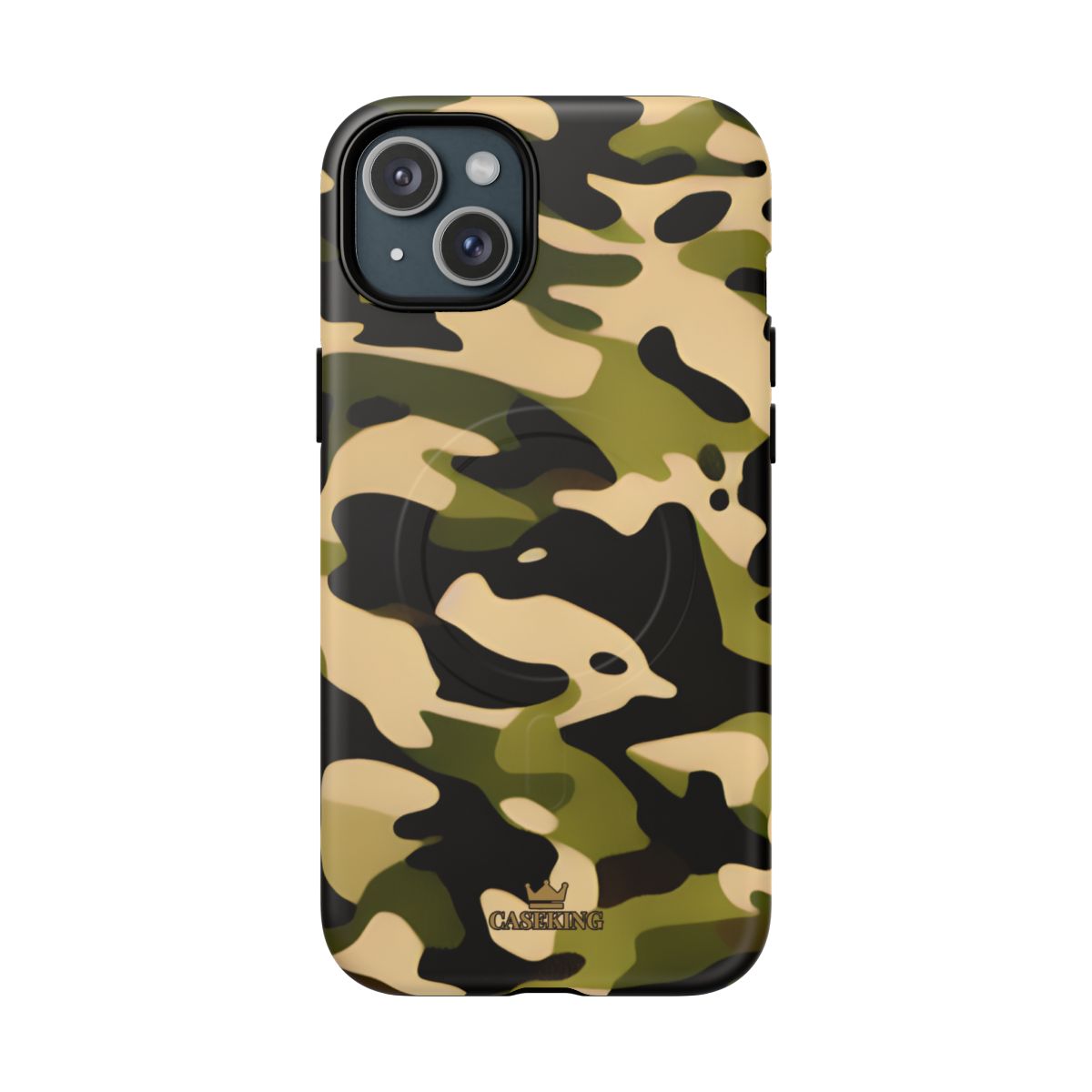 Military Camo MagSafe-compatible tough case on iPhone 15 Plus, matte finish