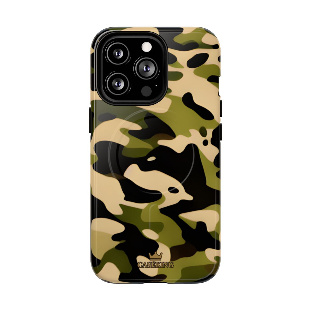 Military Camo MagSafe-compatible tough case on iPhone 13 Pro, glossy finish