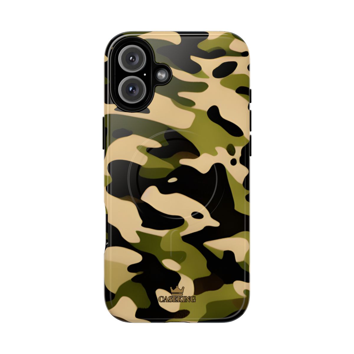 Military Camo MagSafe-compatible tough case on iPhone 16 Plus, glossy finish