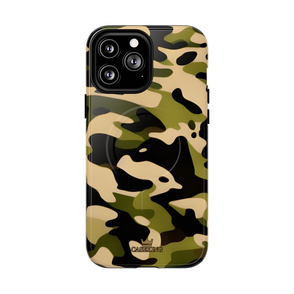 Military Camo MagSafe-compatible tough case on iPhone 13 Pro Max, glossy finish