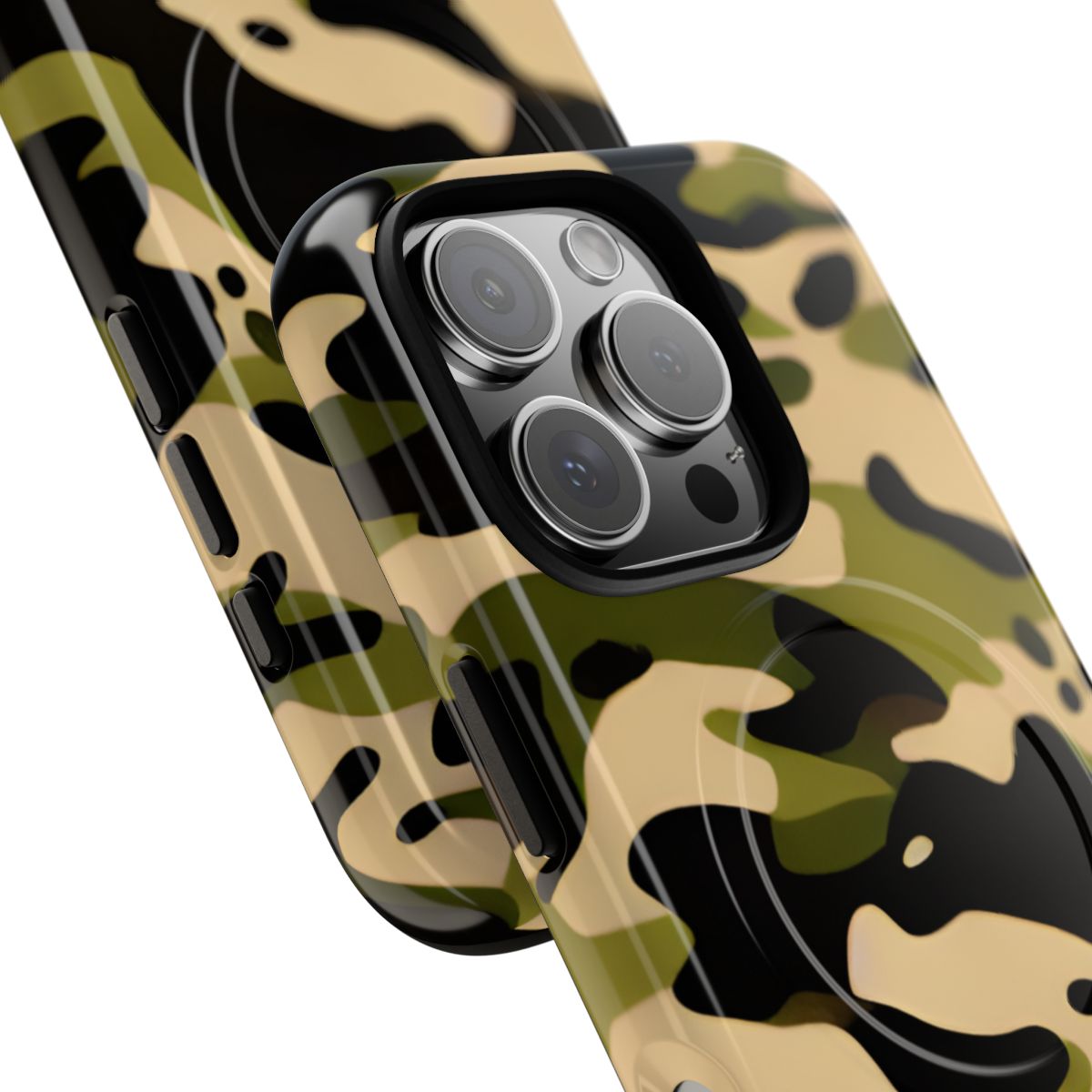 Military Camo MagSafe-compatible tough case on iPhone 16 Pro, glossy finish (close-up)