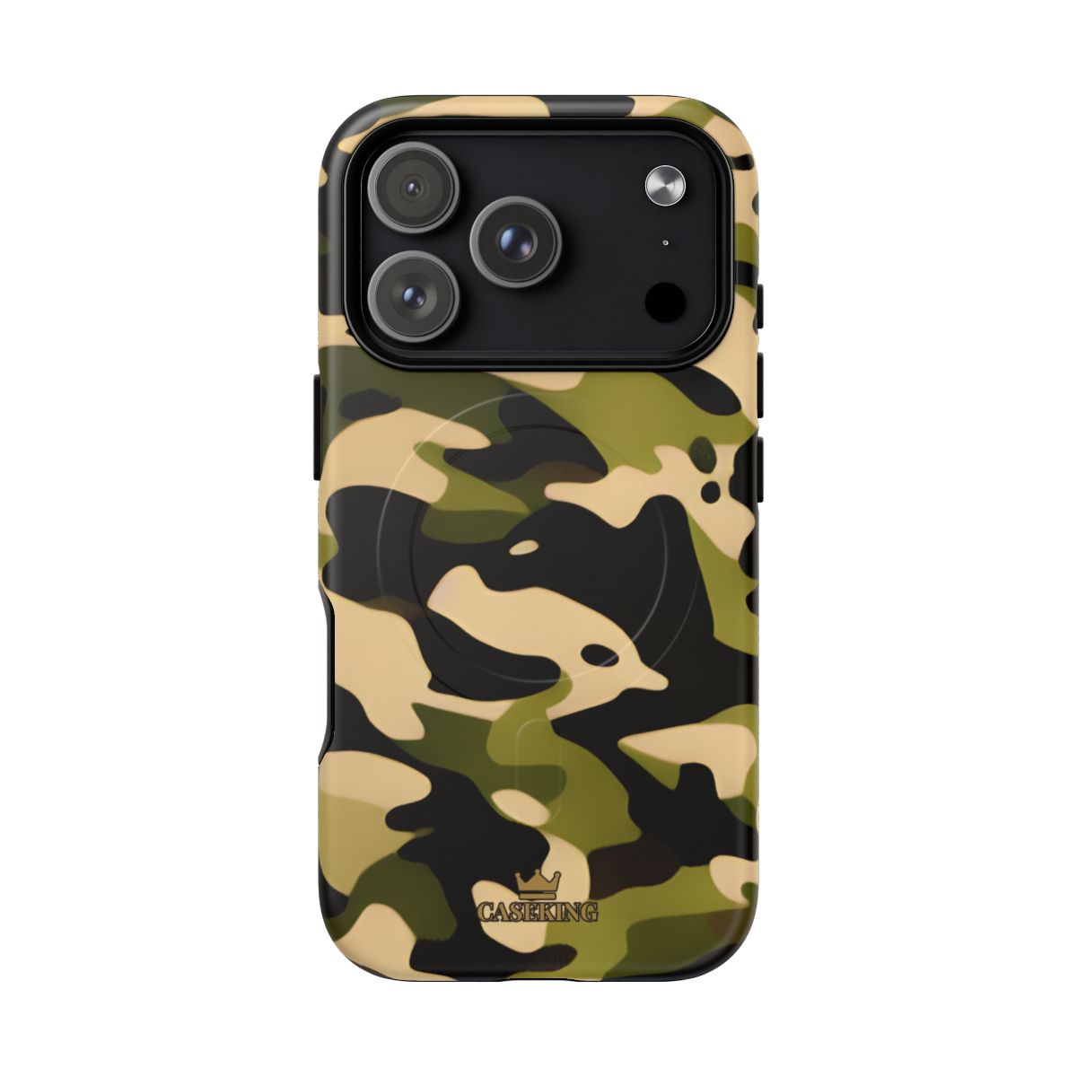 Military Camo MagSafe-compatible tough case on iPhone 18 Pro, matte finish