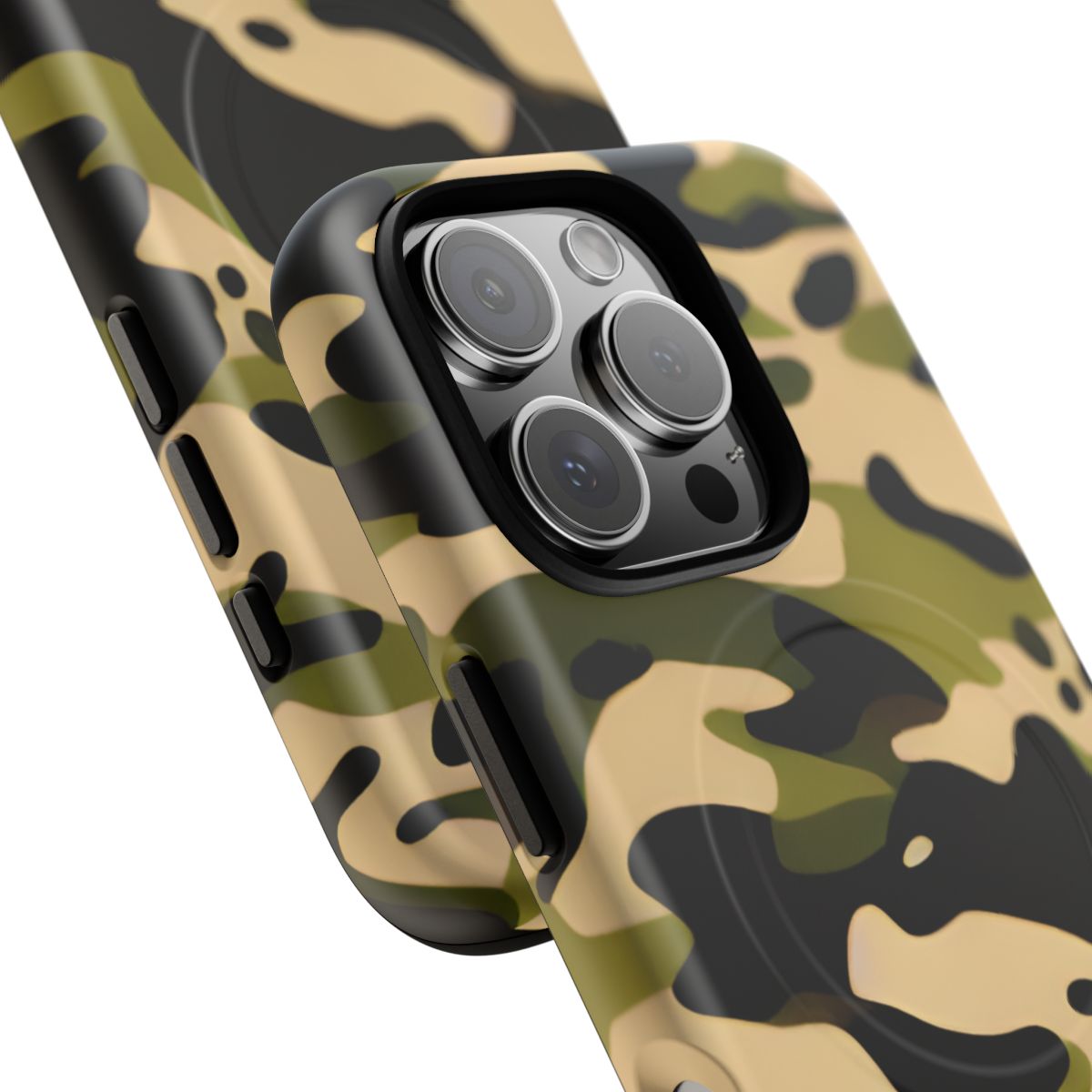 Military Camo MagSafe-compatible tough case on iPhone 16 Pro, matte finish (close-up)