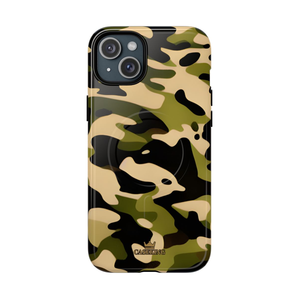 Military Camo MagSafe-compatible tough case on iPhone 15 Plus, glossy finish