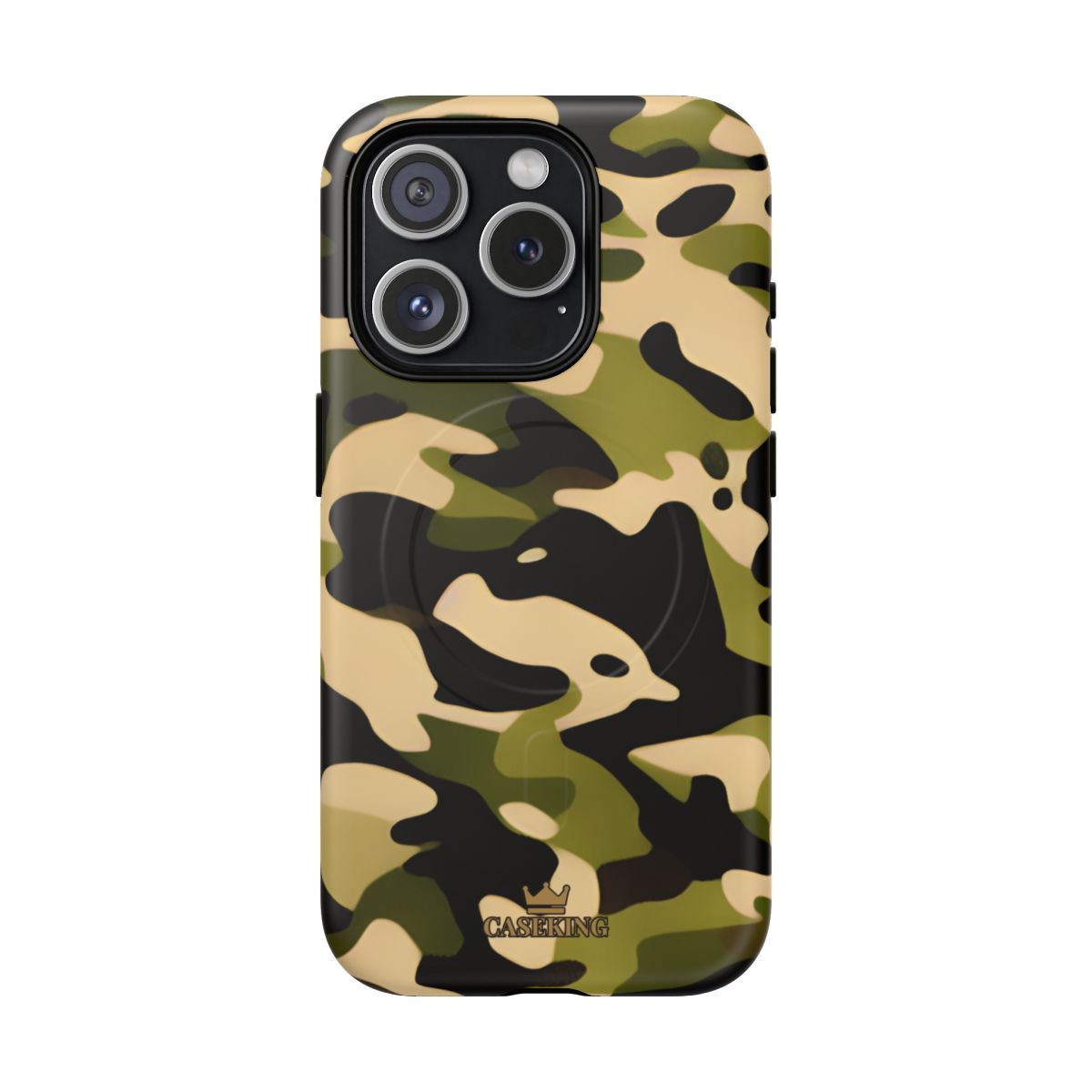 Military Camo MagSafe-compatible tough case on iPhone 15 Pro, matte finish