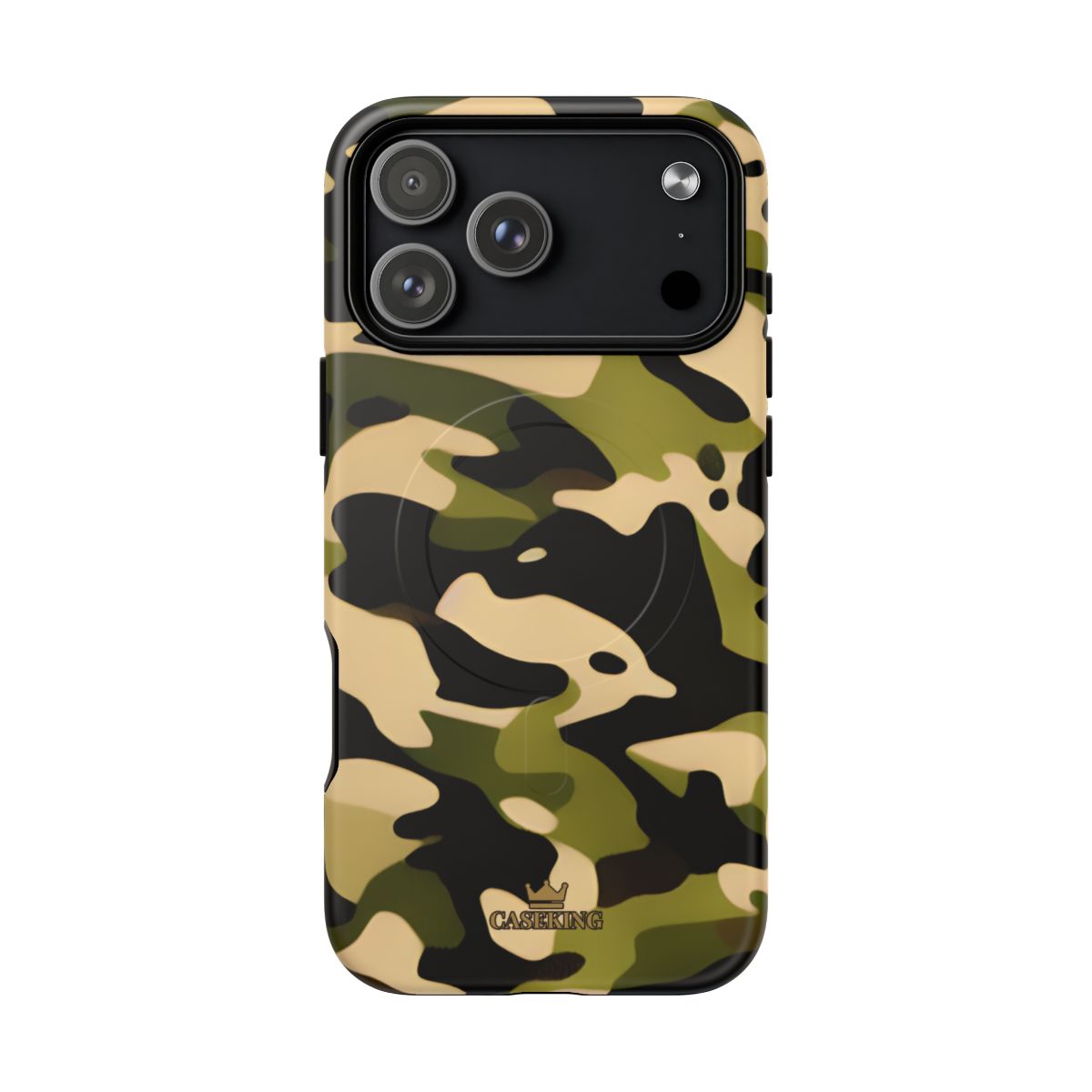 Military Camo MagSafe-compatible tough case on iPhone 17 Pro Max, matte finish