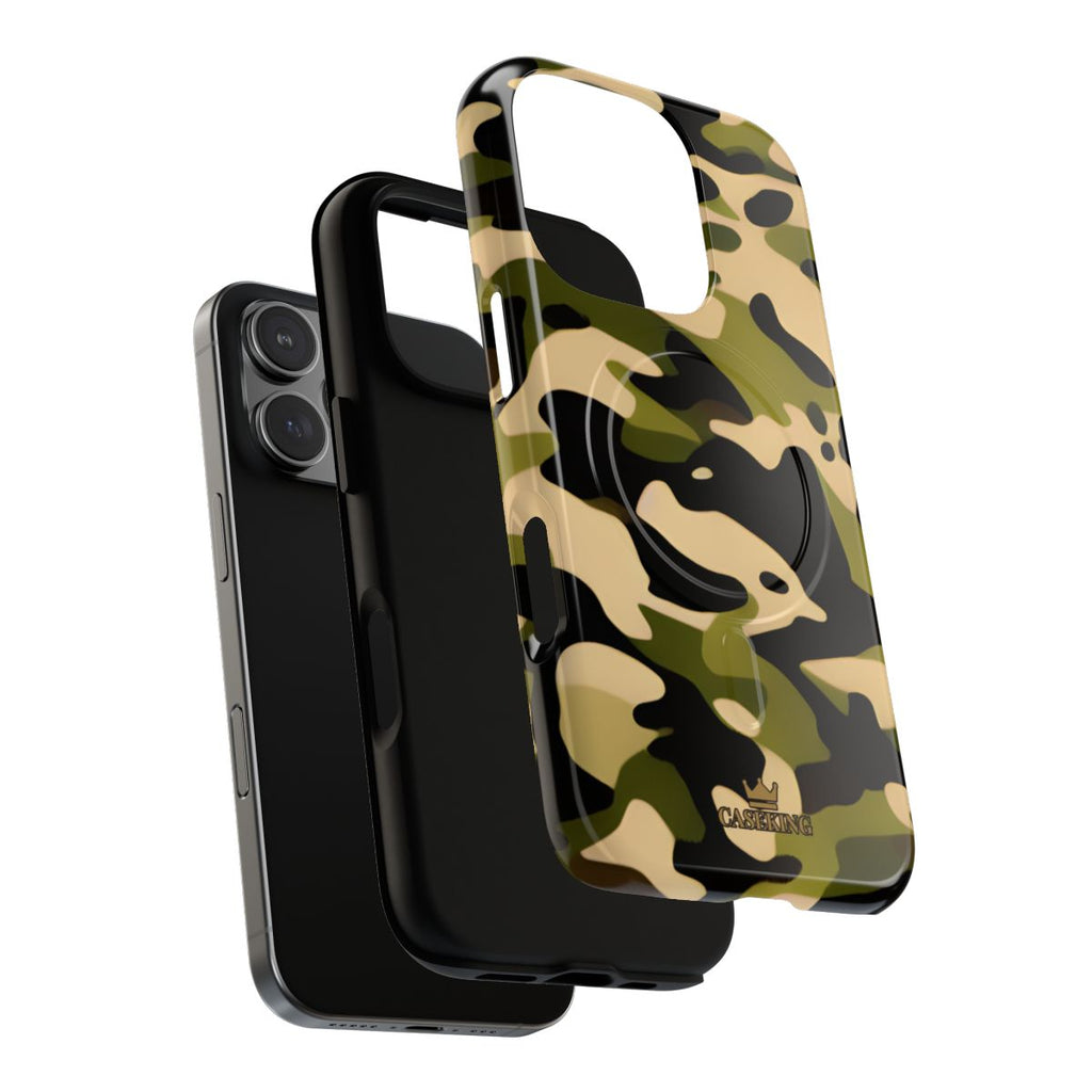 Military Camo MagSafe-compatible tough case on iPhone 16 Pro, glossy finish (case layers)