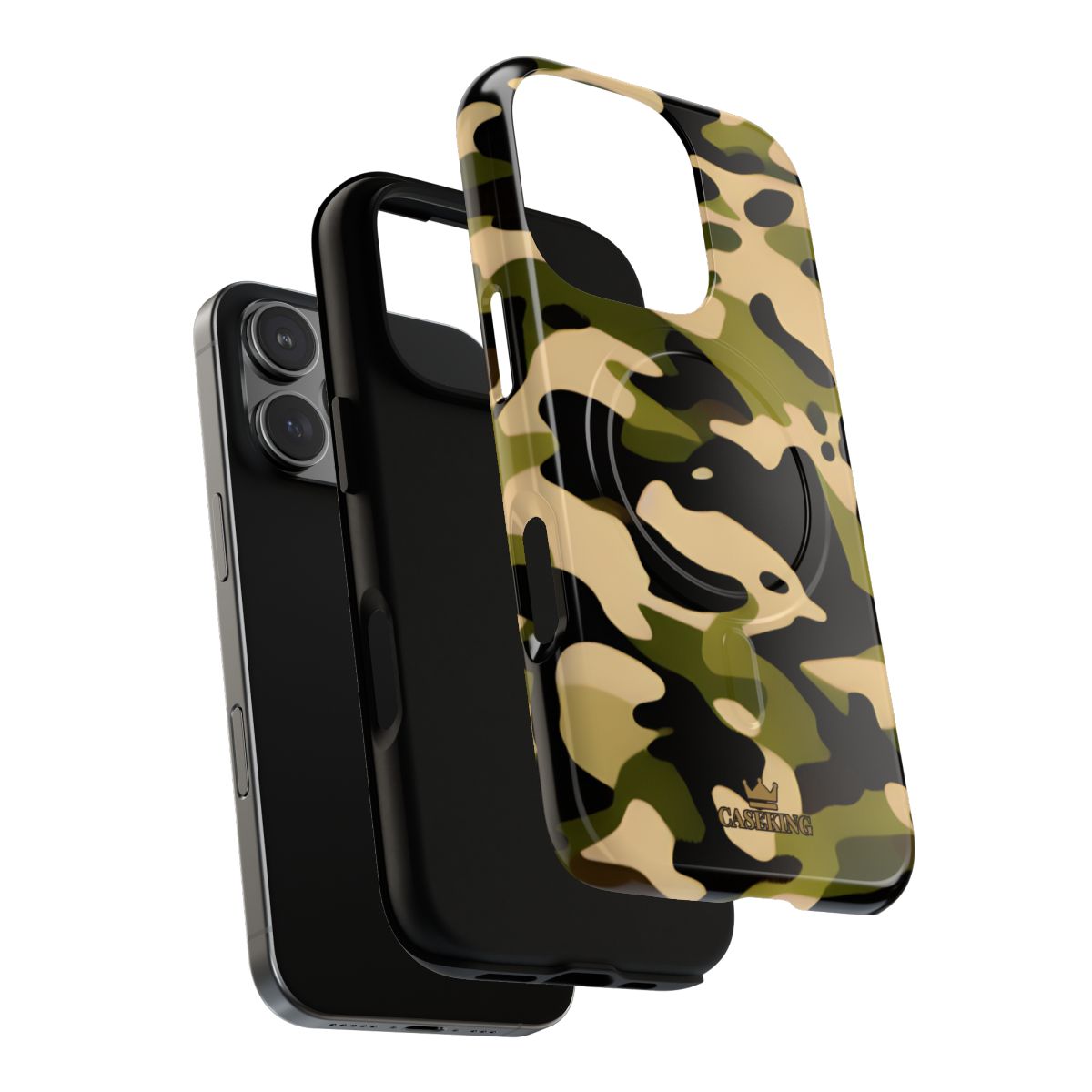 Military Camo MagSafe-compatible tough case on iPhone 16 Pro, glossy finish (case layers)