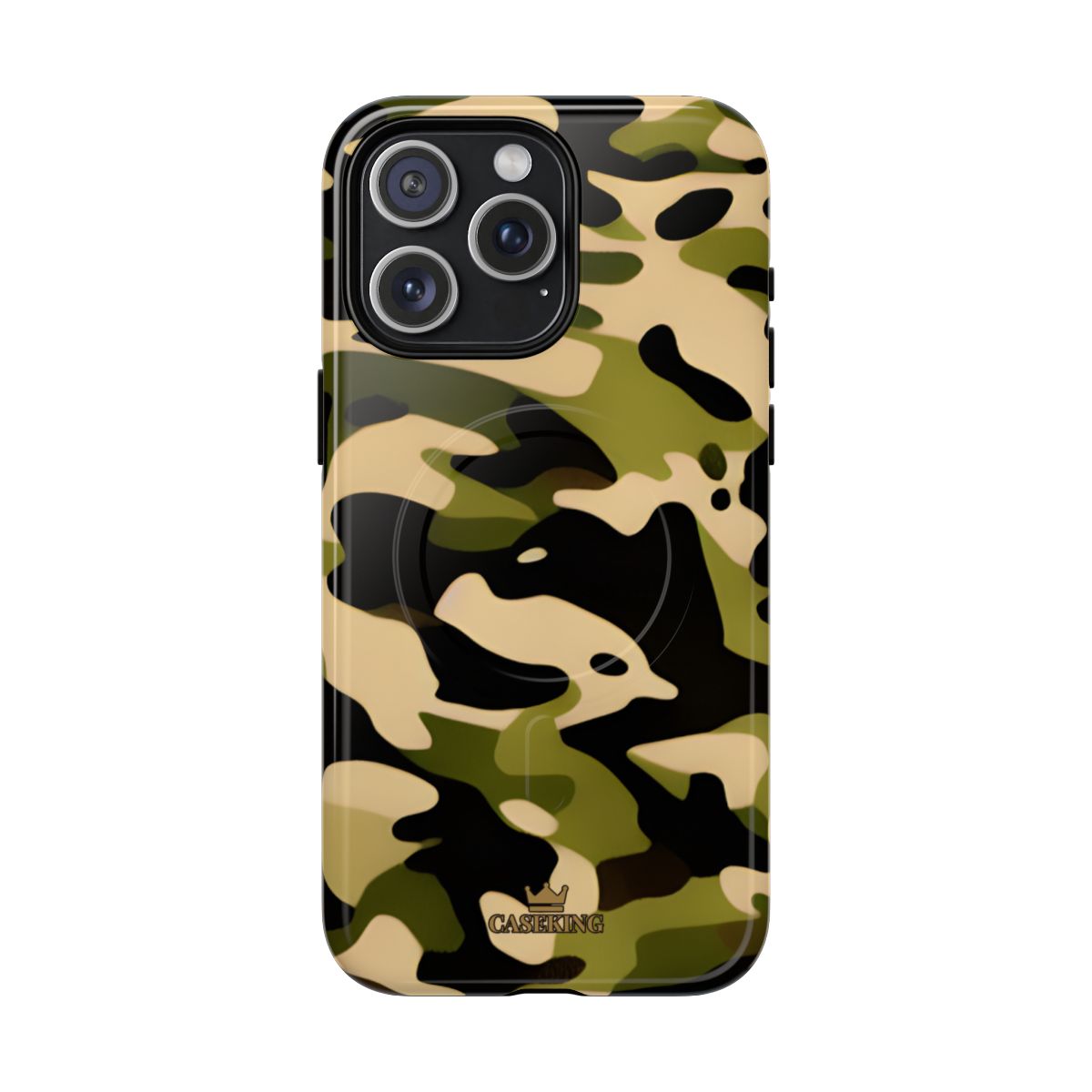 Military Camo MagSafe-compatible tough case on iPhone 15 Pro Max, glossy finish