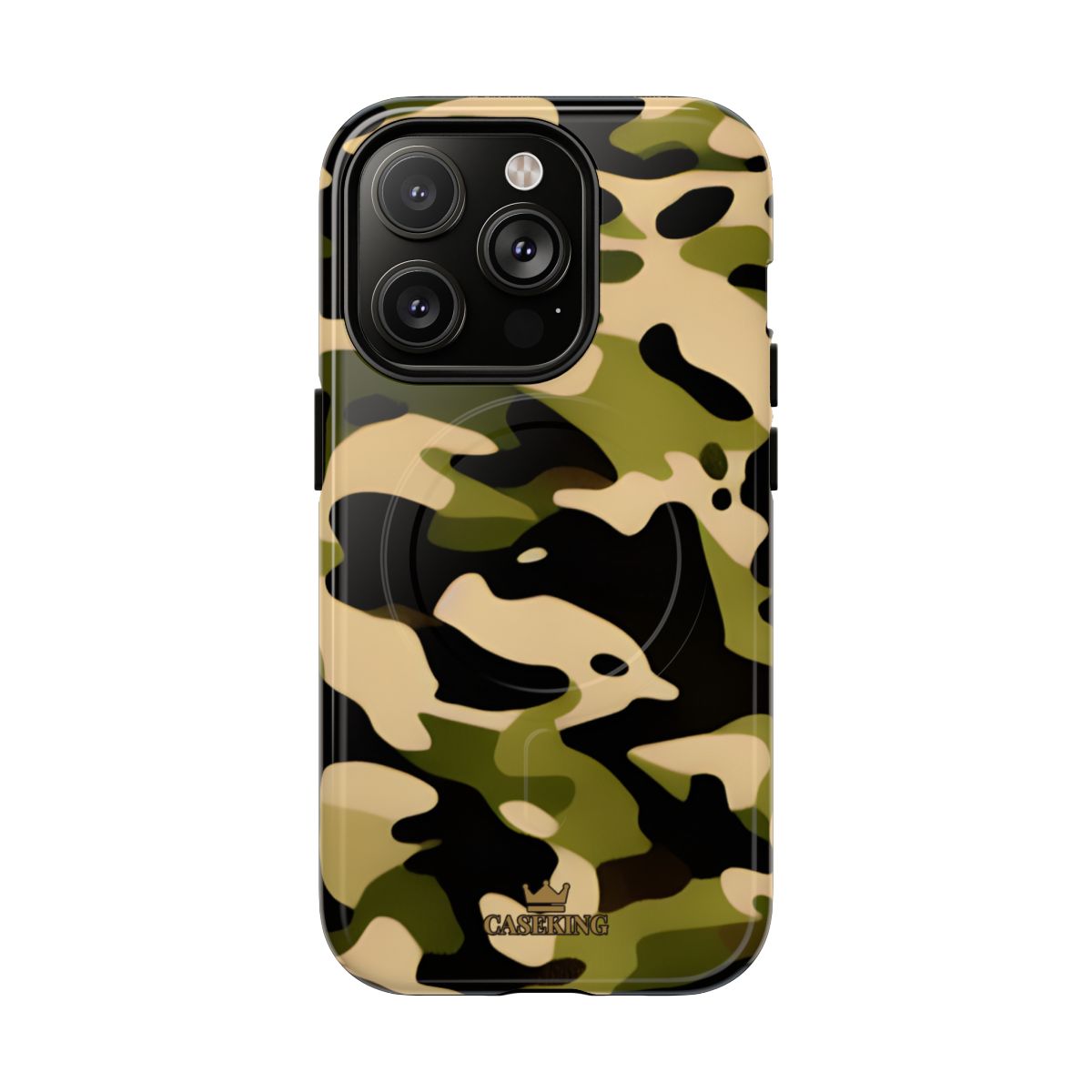 Military Camo MagSafe-compatible tough case on iPhone 14 Pro, glossy finish