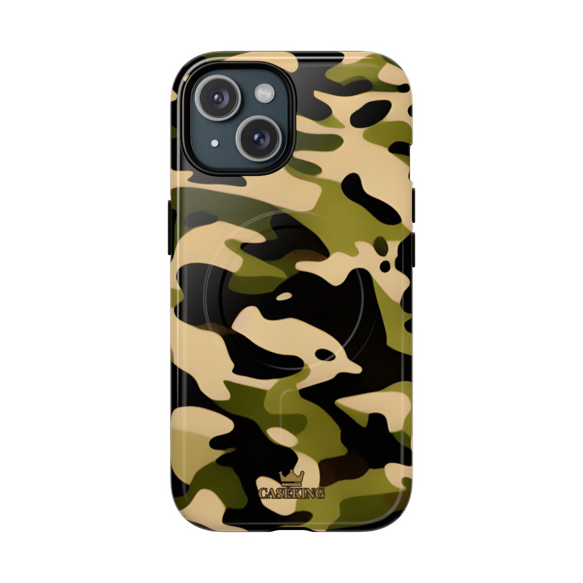 Military Camo MagSafe-compatible tough case on iPhone 15, glossy finish