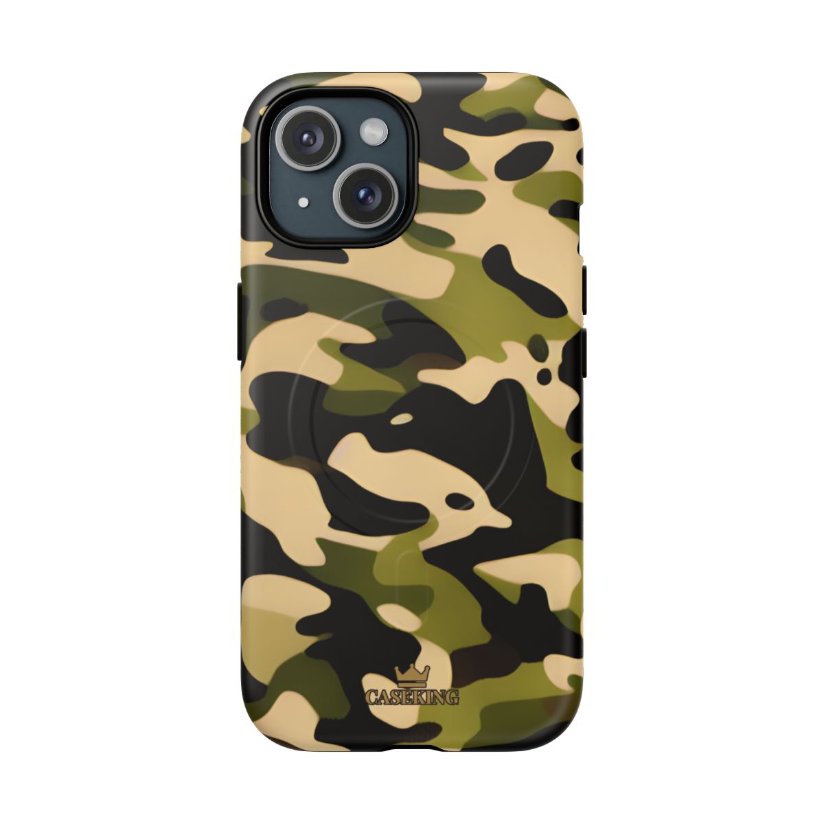 Military Camo MagSafe-compatible tough case on iPhone 15, matte finish