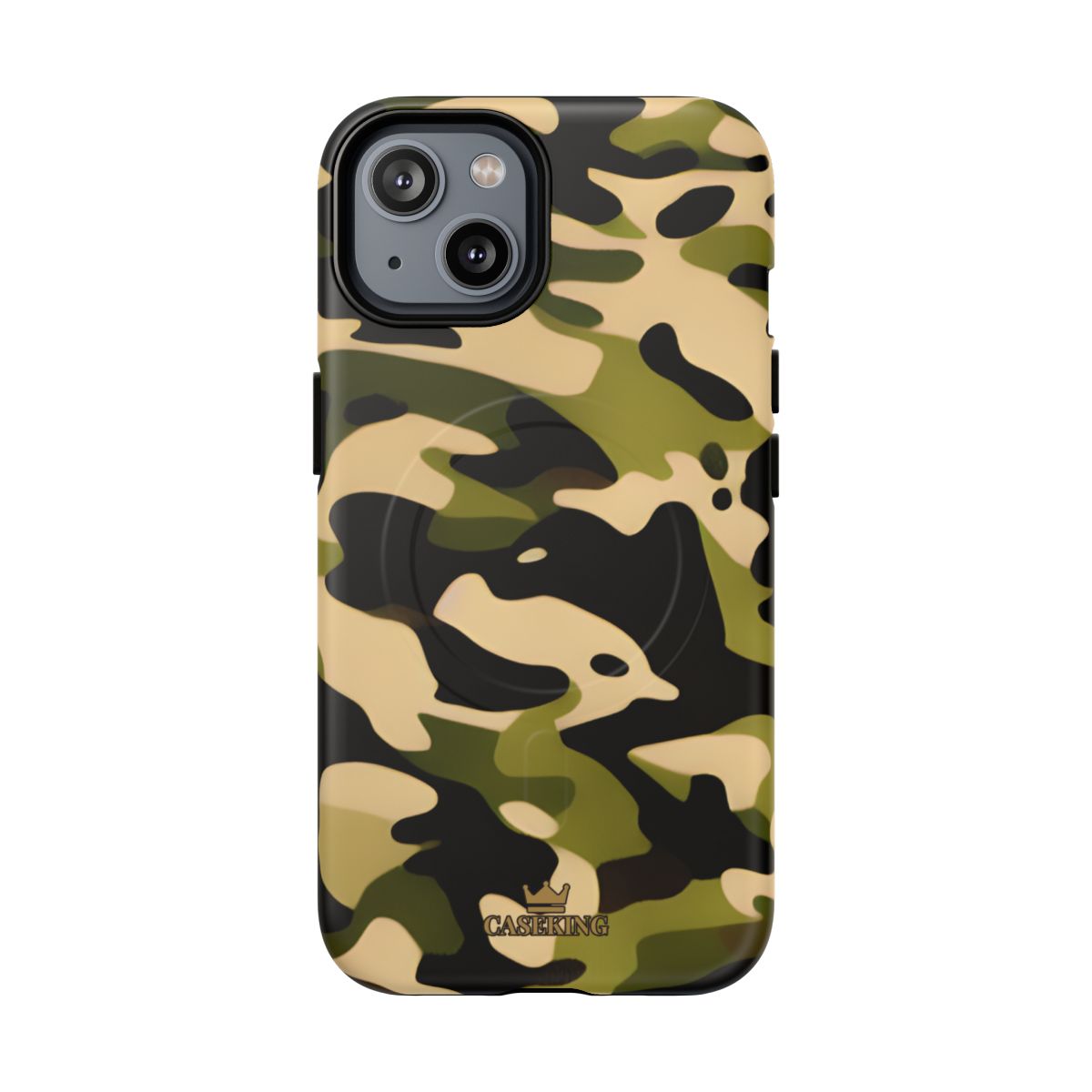 Military Camo MagSafe-compatible tough case on iPhone 14, matte finish