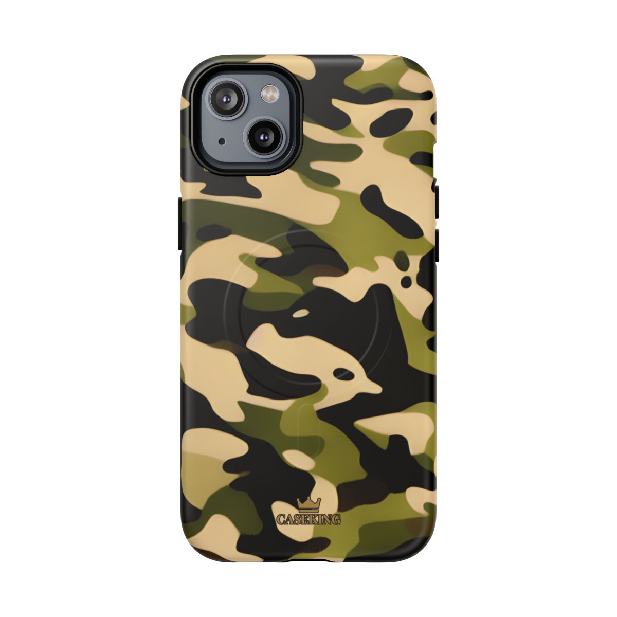 Military Camo MagSafe-compatible tough case on iPhone 14 Plus, matte finish
