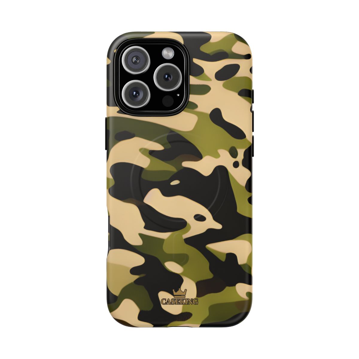 Military Camo MagSafe-compatible tough case on iPhone 16 Pro Max, matte finish
