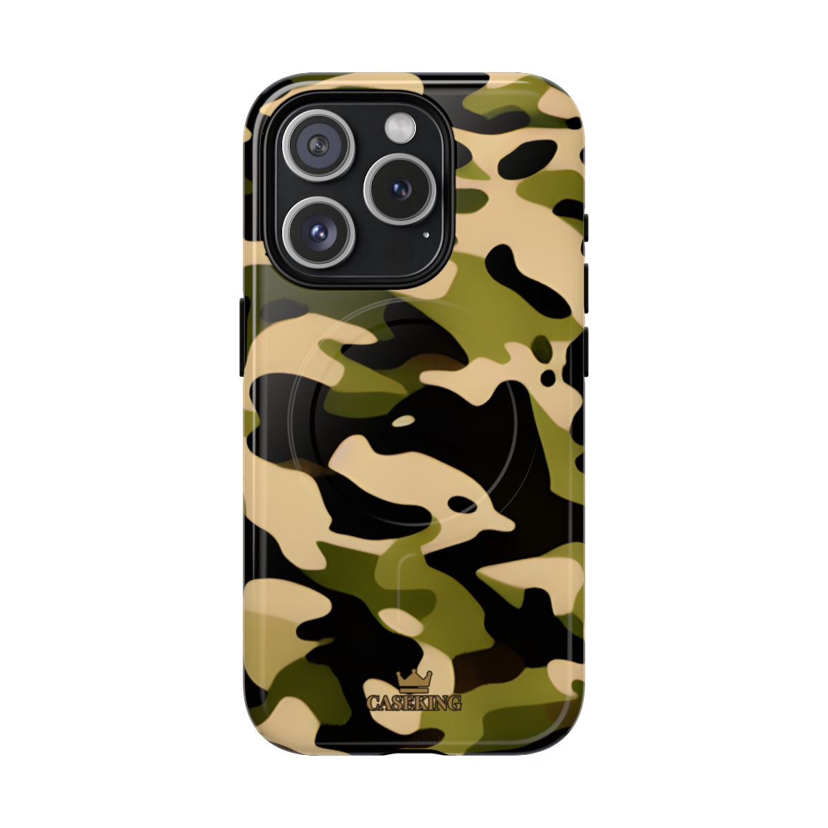 Military Camo MagSafe-compatible tough case on iPhone 15 Pro, glossy finish