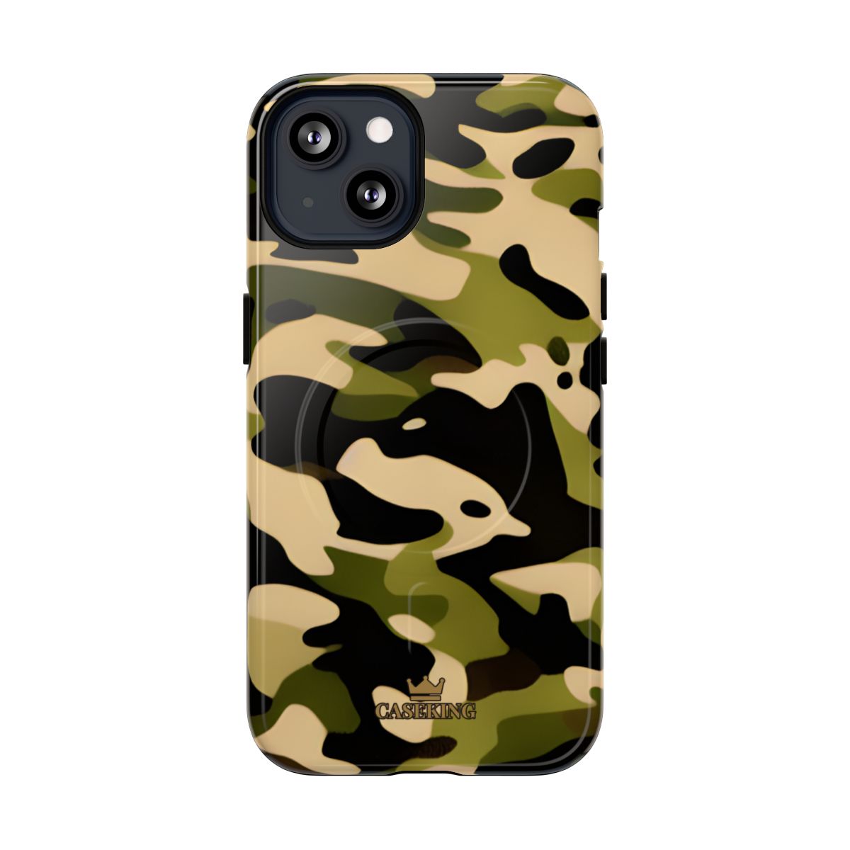 Military Camo MagSafe-compatible tough case on iPhone 13, glossy finish