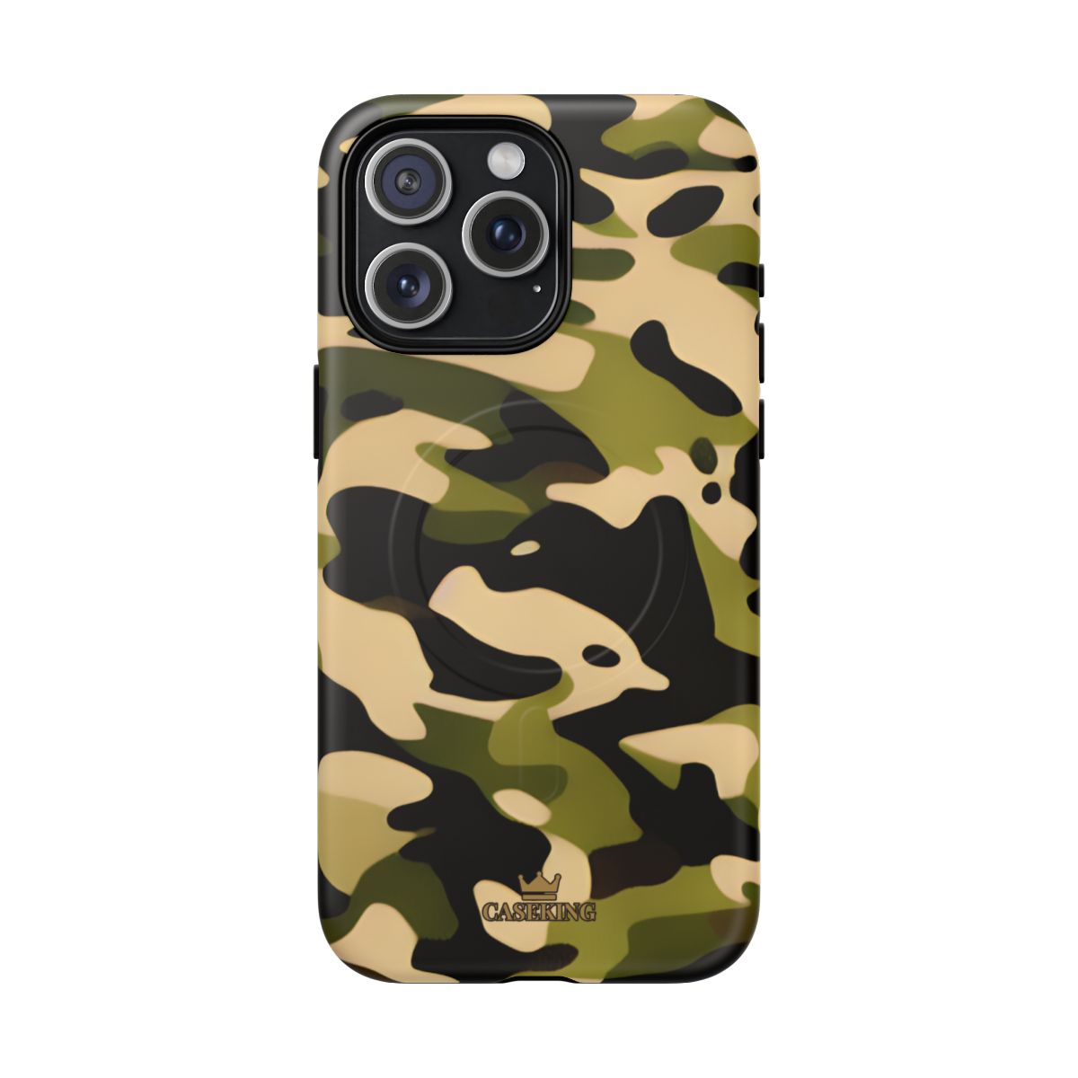 Military Camo MagSafe-compatible tough case on iPhone 15 Pro Max, matte finish