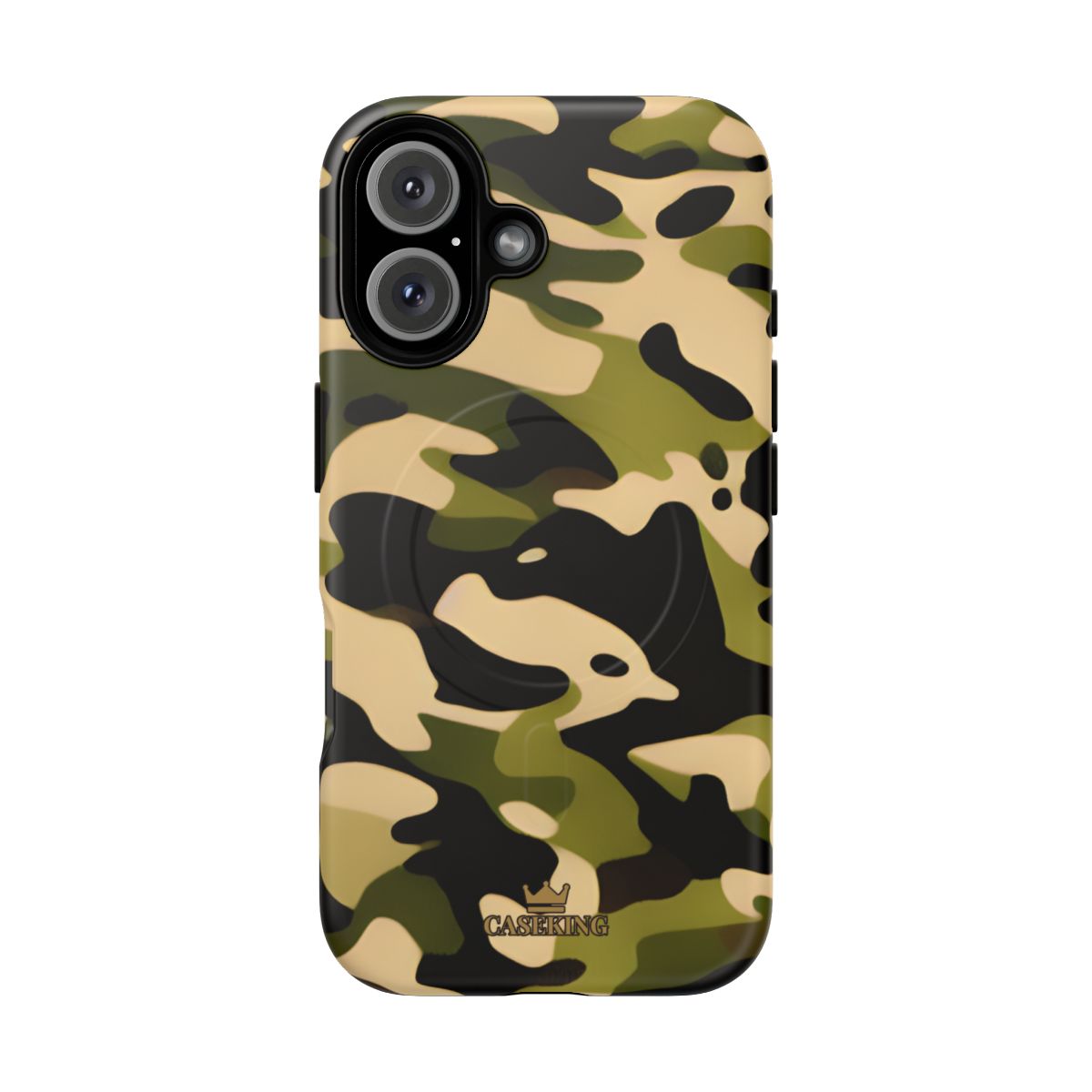 Military Camo MagSafe-compatible tough case on iPhone 16, matte finish
