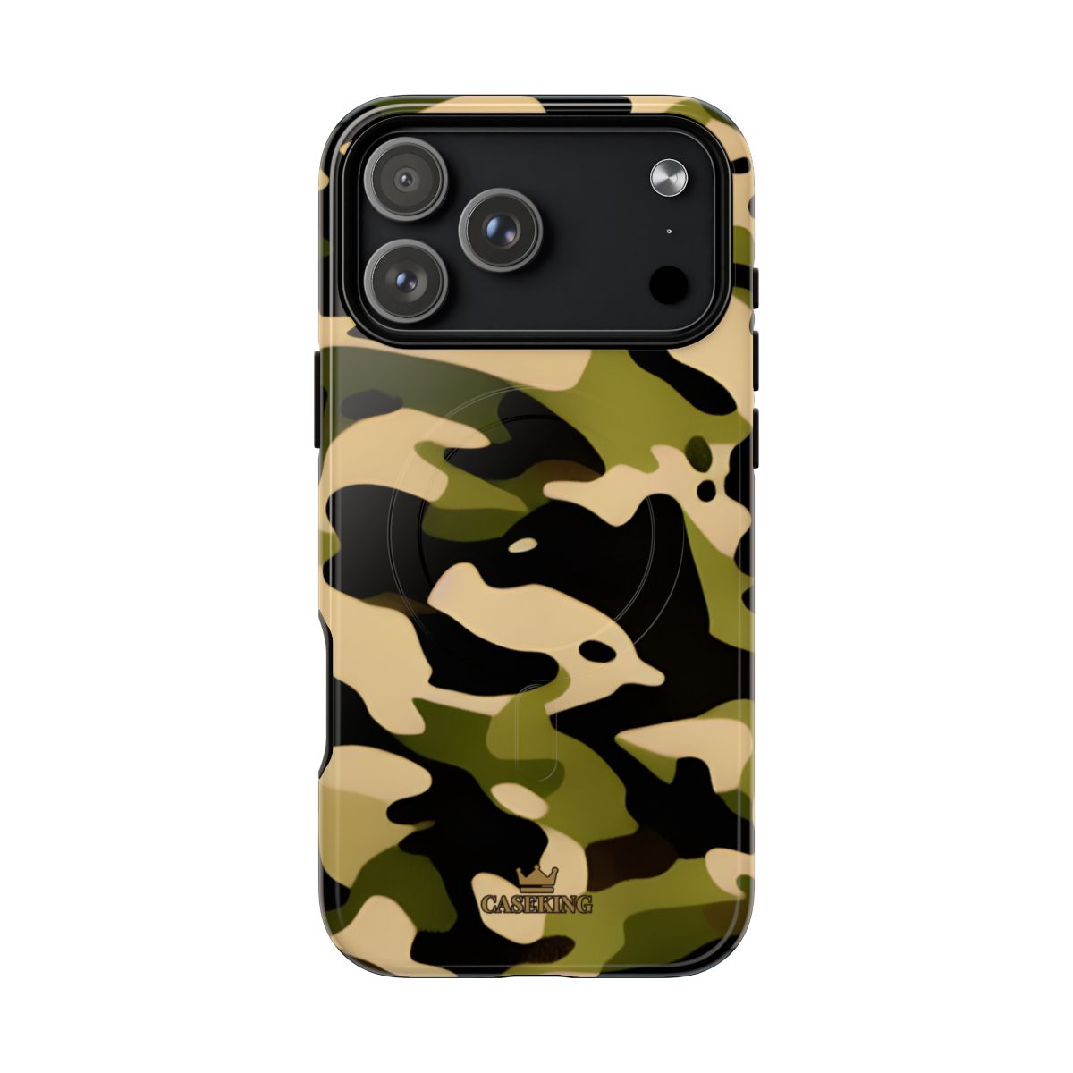 Military Camo MagSafe-compatible tough case on iPhone 17 Pro Max, glossy finish