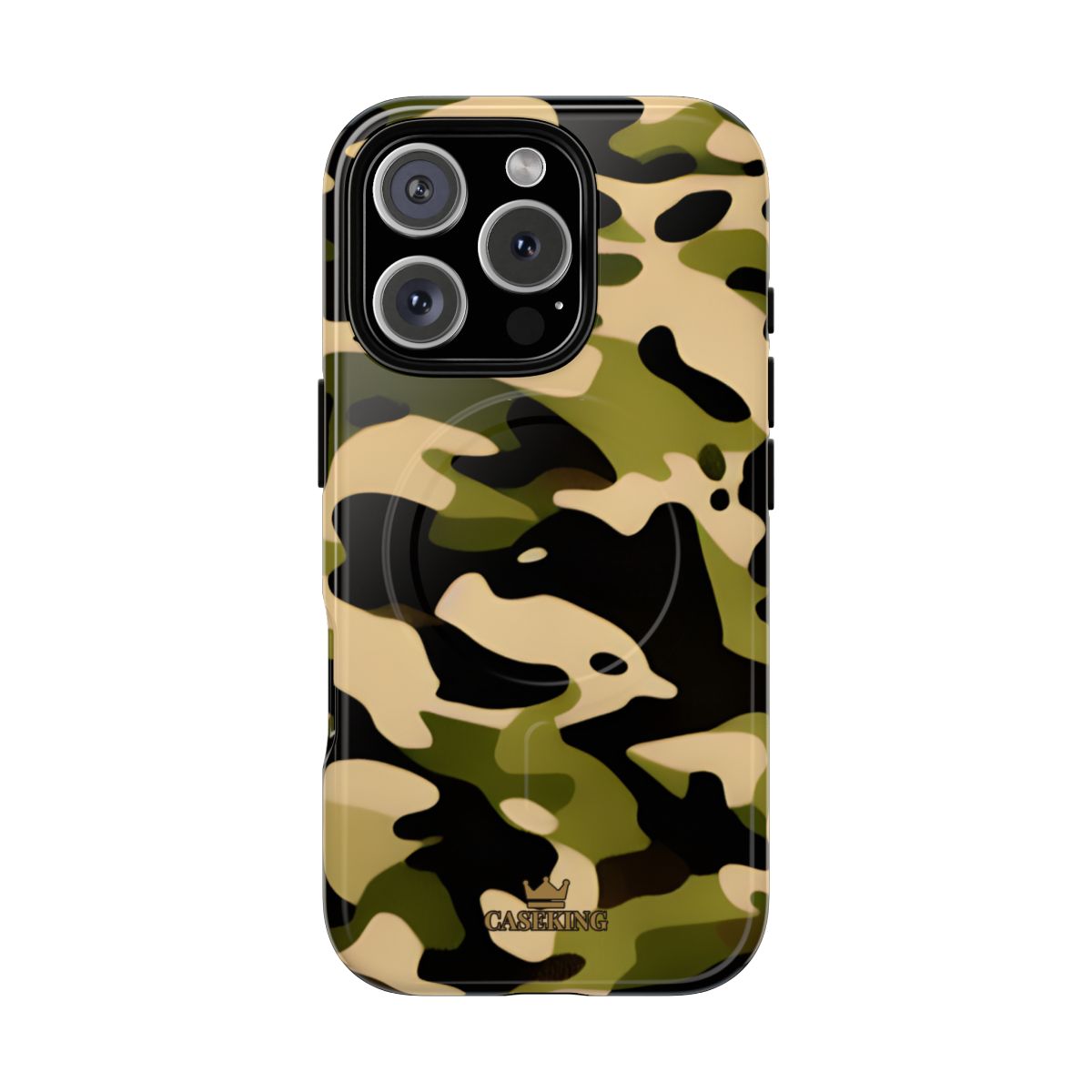 Military Camo MagSafe-compatible tough case on iPhone 16 Pro, glossy finish