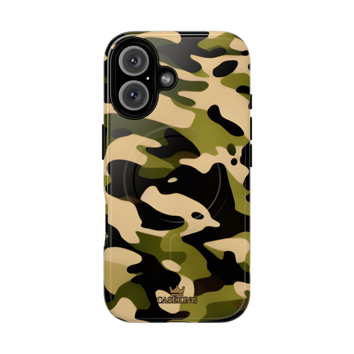 Military Camo MagSafe-compatible tough case on iPhone 16, glossy finish