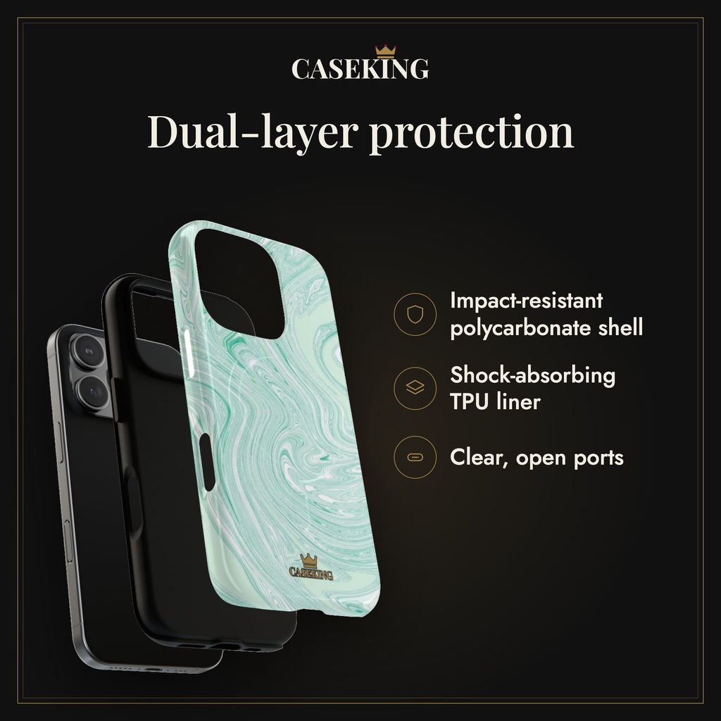Mint Swirl MagSafe-compatible tough case infographic 3: Dual-layer protection