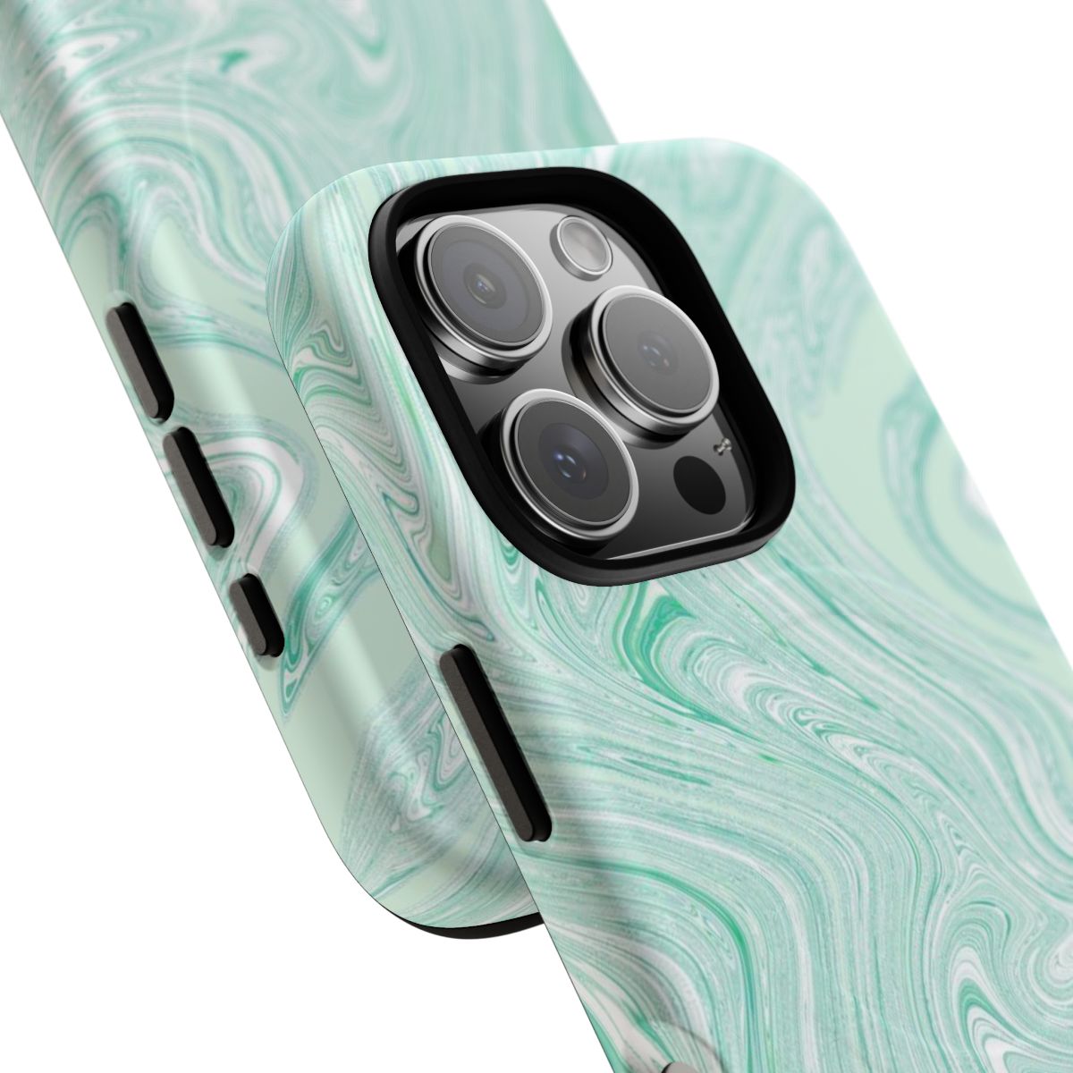 Mint Swirl MagSafe-compatible tough case on iPhone 16 Pro, matte finish (close-up)