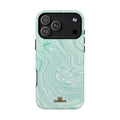 Mint Swirl MagSafe-compatible tough case on iPhone 18 Pro Max, glossy finish