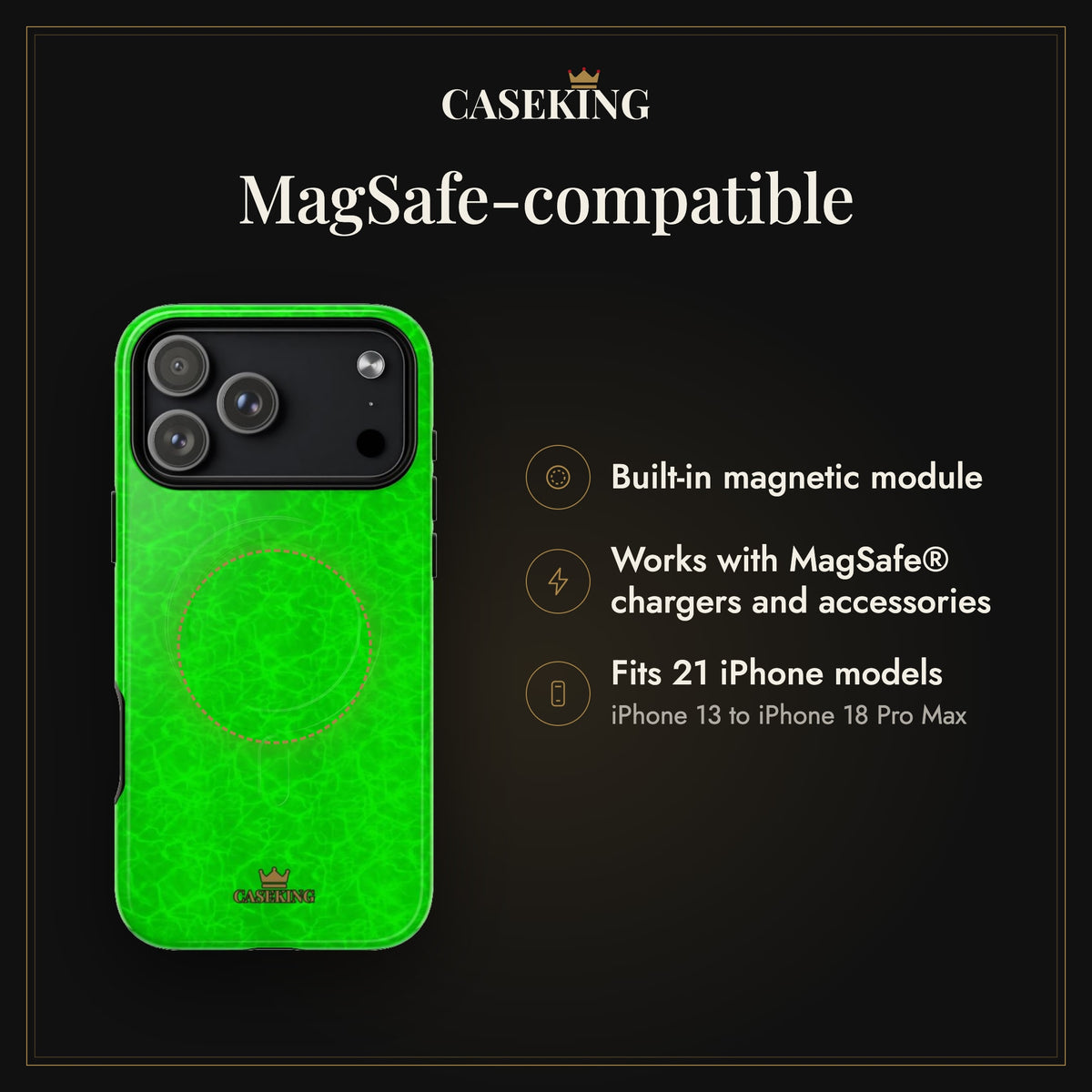 Neon Lime Marble MagSafe-compatible tough case infographic 2: MagSafe-compatible