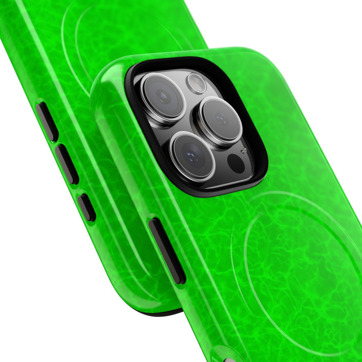 Neon Lime Marble MagSafe-compatible tough case on iPhone 16 Pro, glossy finish (close-up)