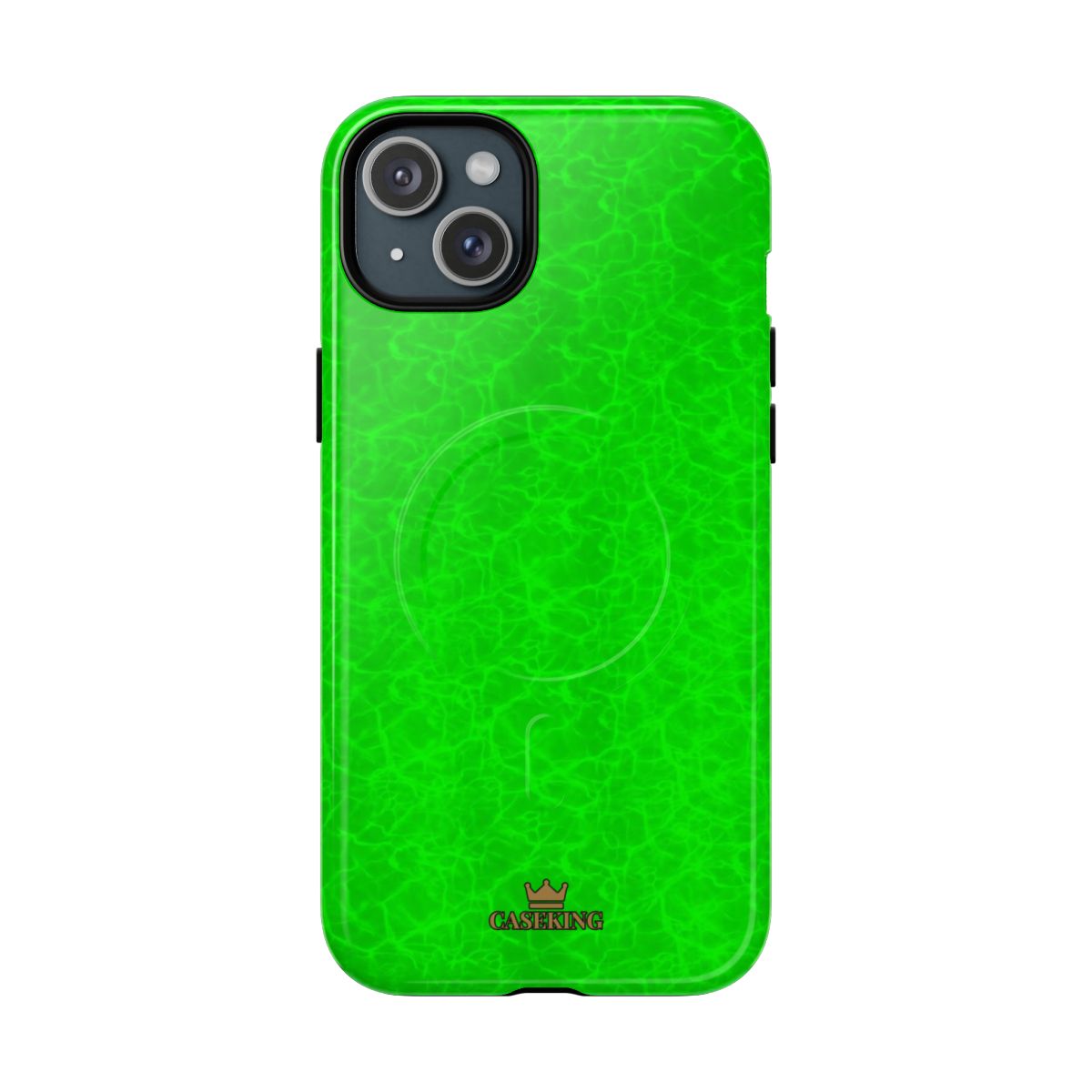 Neon Lime Marble MagSafe-compatible tough case on iPhone 15 Plus, glossy finish