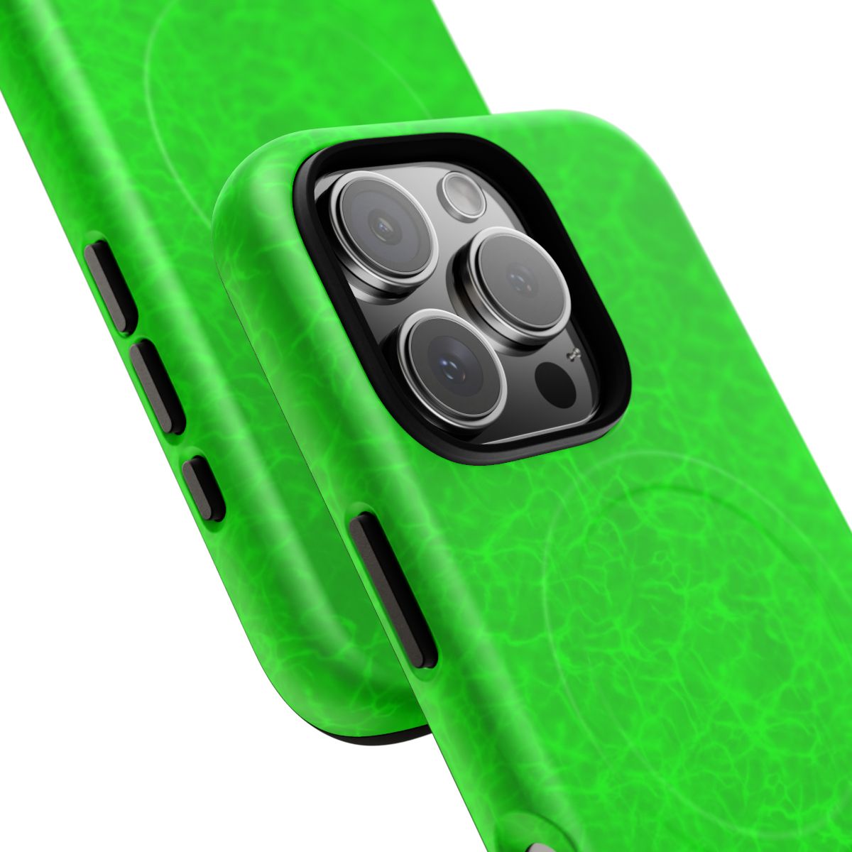Neon Lime Marble MagSafe-compatible tough case on iPhone 16 Pro, matte finish (close-up)