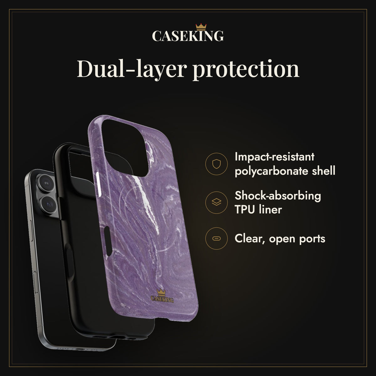 Purple Marble MagSafe-compatible tough case infographic 3: Dual-layer protection
