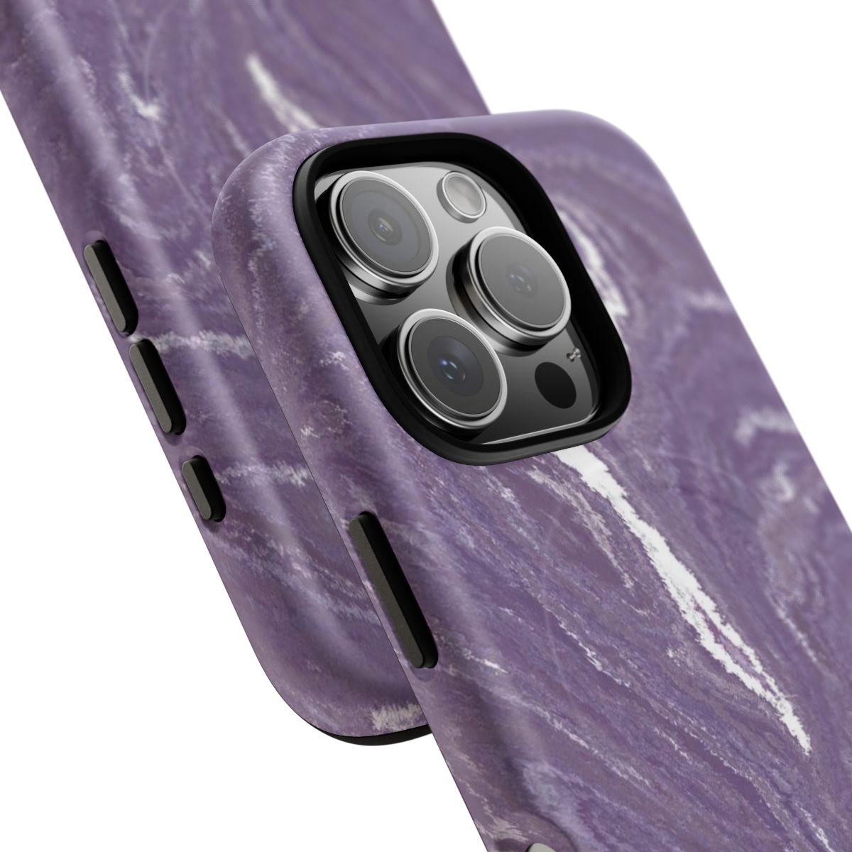 Purple Marble MagSafe-compatible tough case on iPhone 16 Pro, matte finish (close-up)