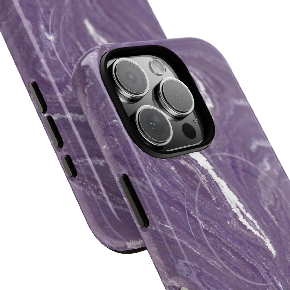 Purple Marble MagSafe-compatible tough case on iPhone 16 Pro, glossy finish (close-up)