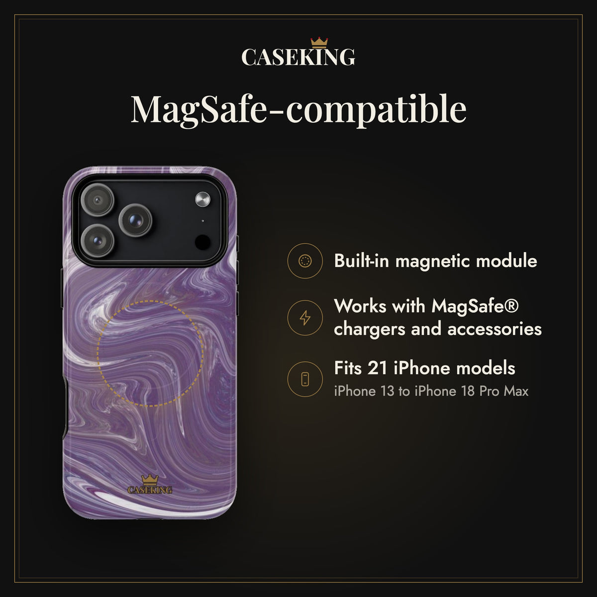 Purple Swirl MagSafe-compatible tough case infographic 2: MagSafe-compatible