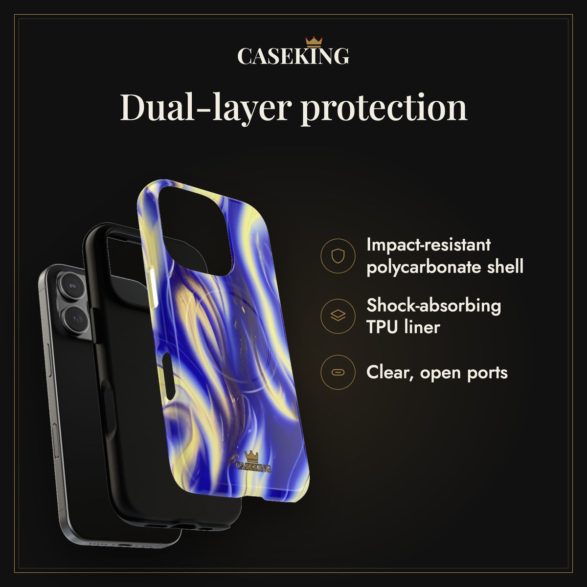 Royal Blue Swirl MagSafe-compatible tough case infographic 3: Dual-layer protection