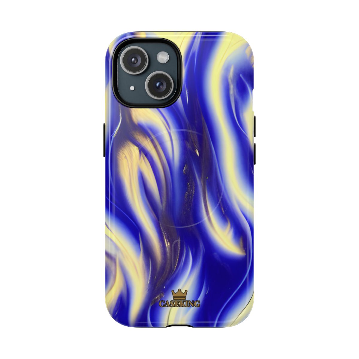 Royal Blue Swirl MagSafe-compatible tough case on iPhone 15, glossy finish