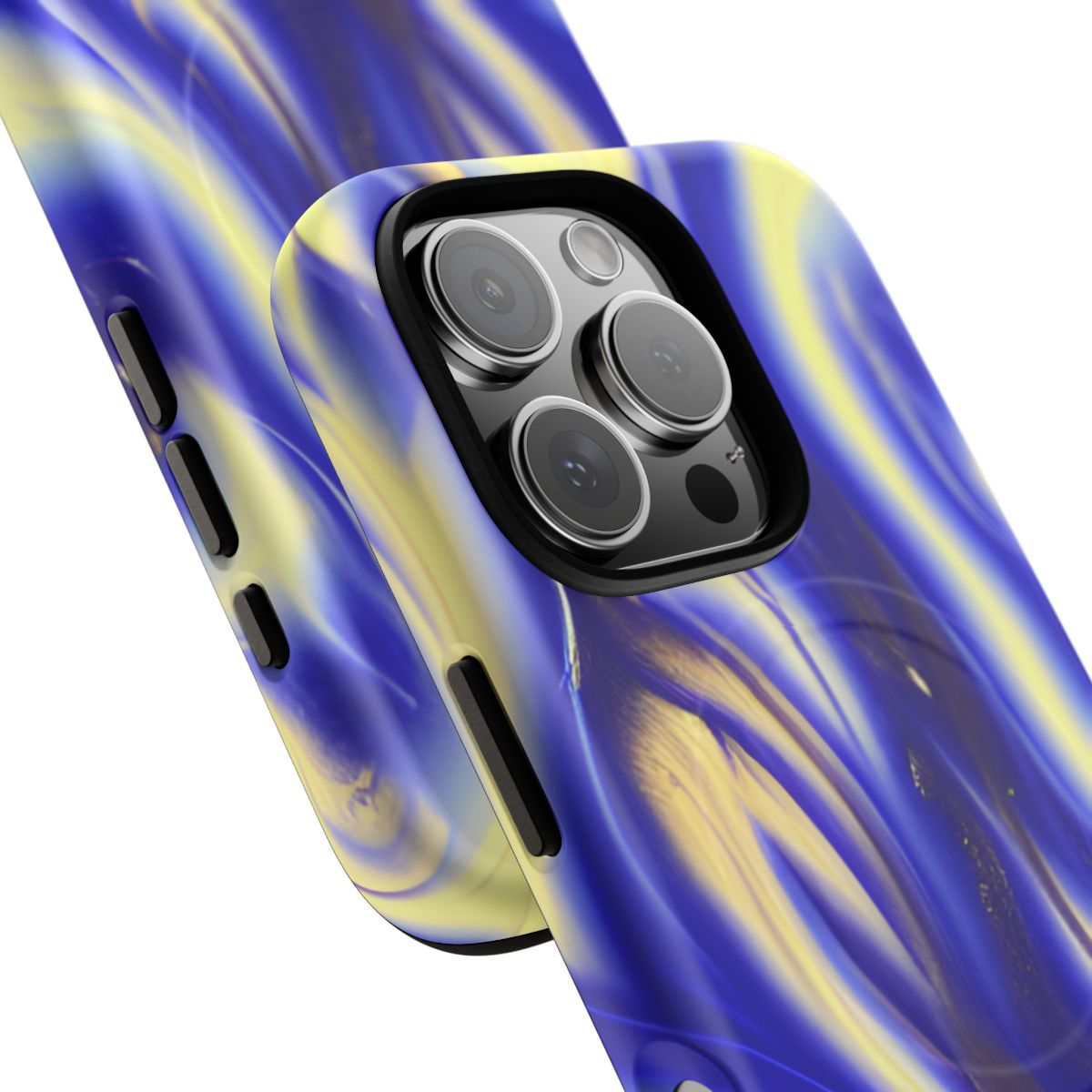 Royal Blue Swirl MagSafe-compatible tough case on iPhone 16 Pro, matte finish (close-up)