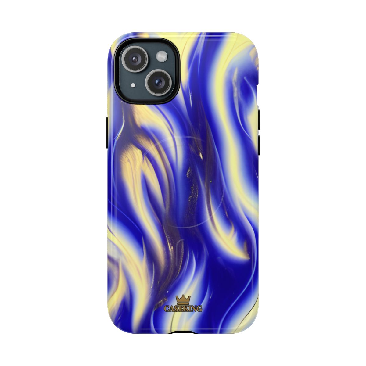 Royal Blue Swirl MagSafe-compatible tough case on iPhone 15 Plus, glossy finish